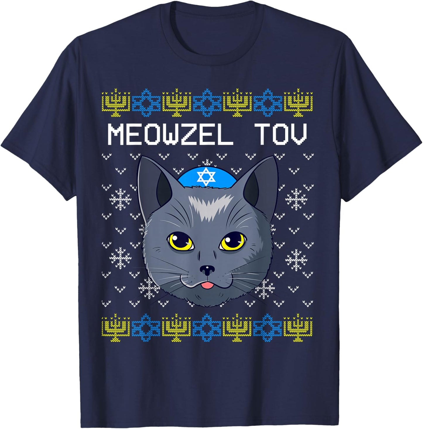 Meowzel Tov Ugly Hanukkah Cat Chanukah Jewish T-Shirt - T-Shirt | Navy