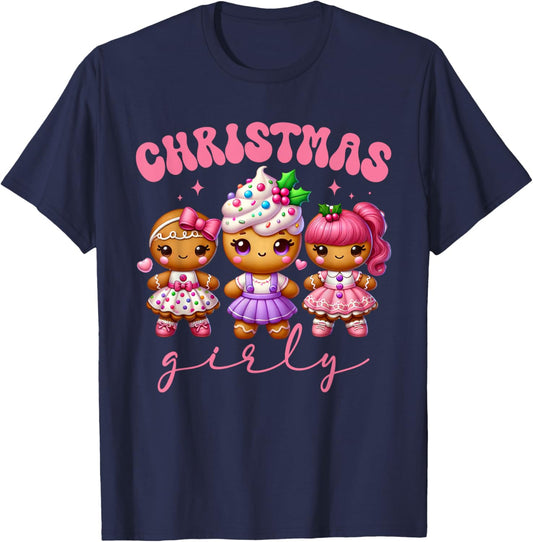 Pink Cute Gingerbread Christmas Girly Pajama Outfits T-Shirt - T-Shirt | Navy