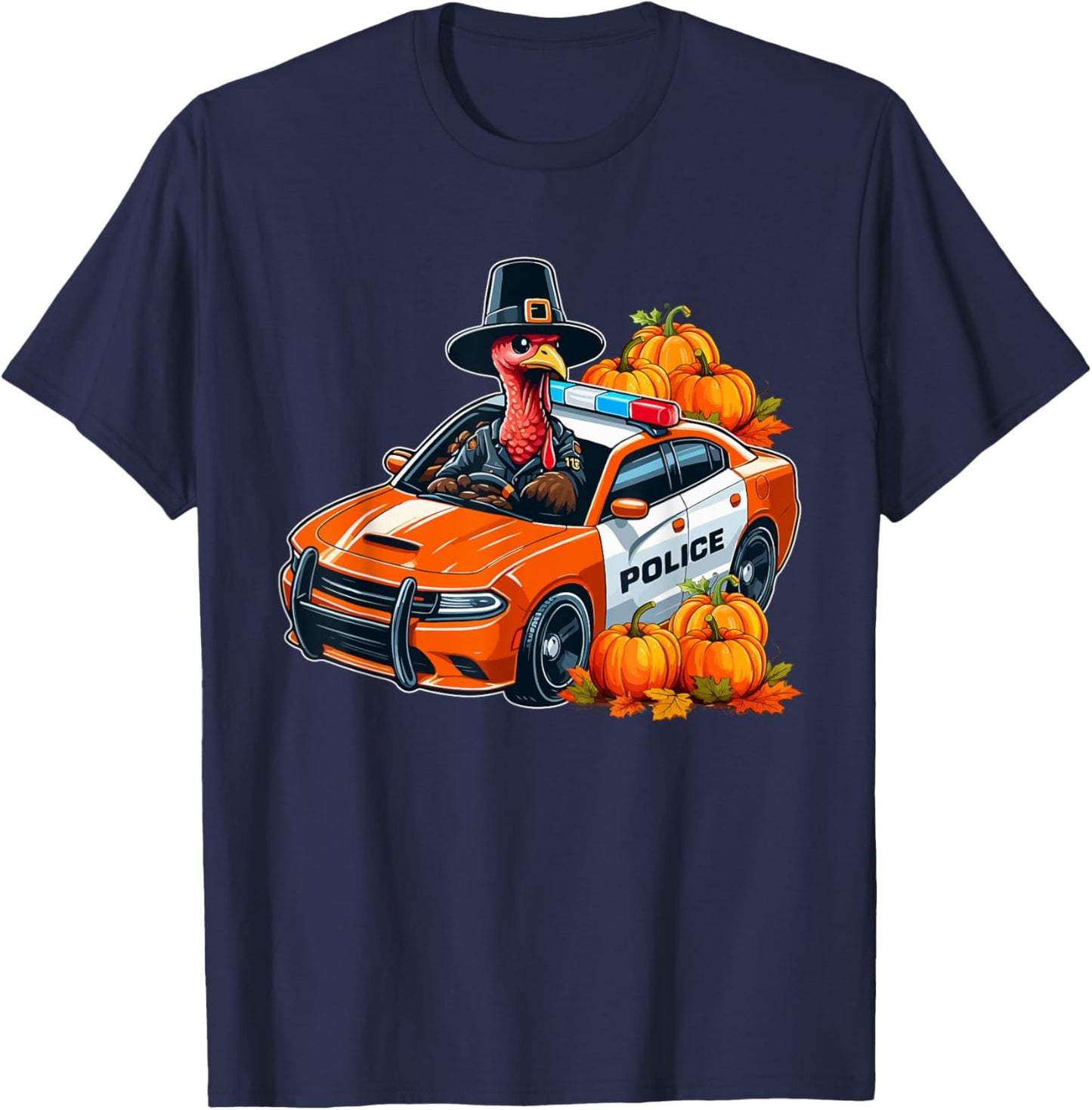 Turkey Driving Police Car Thanksgiving Driver Fall Pumpkins T-Shirt - T-Shirt | Navy