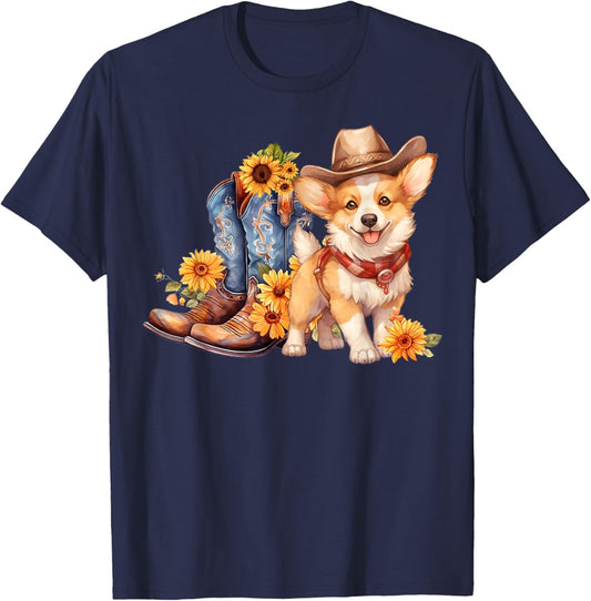 Pembroke Welsh Corgi Dog Cowgirl boots Cowboy hat Sunflower T-Shirt - T-Shirt | Navy