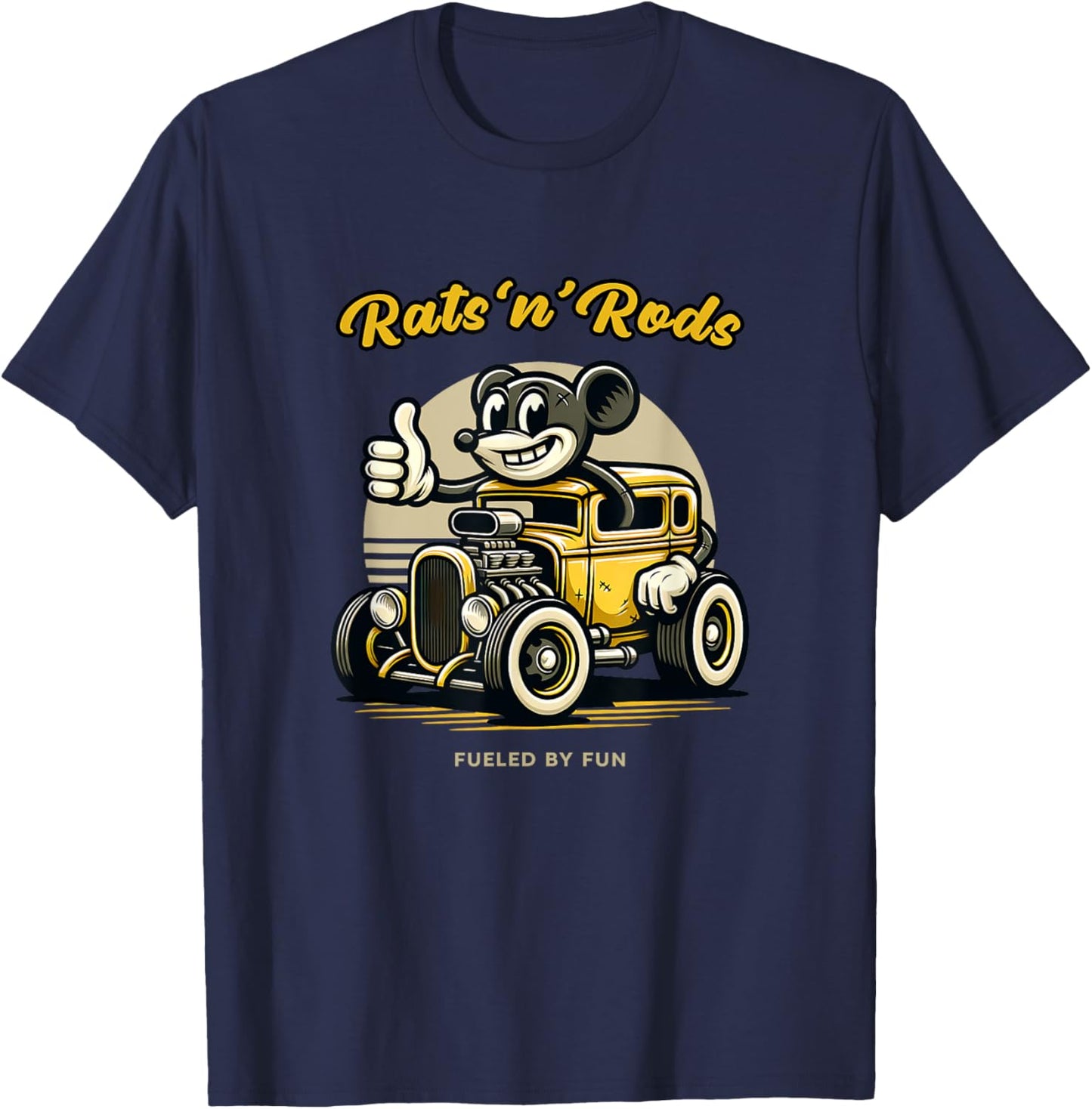 Powered by Fun Rats 'n' Rods Hot Rod Retro , Black, S T-Shirt - T-Shirt | Navy