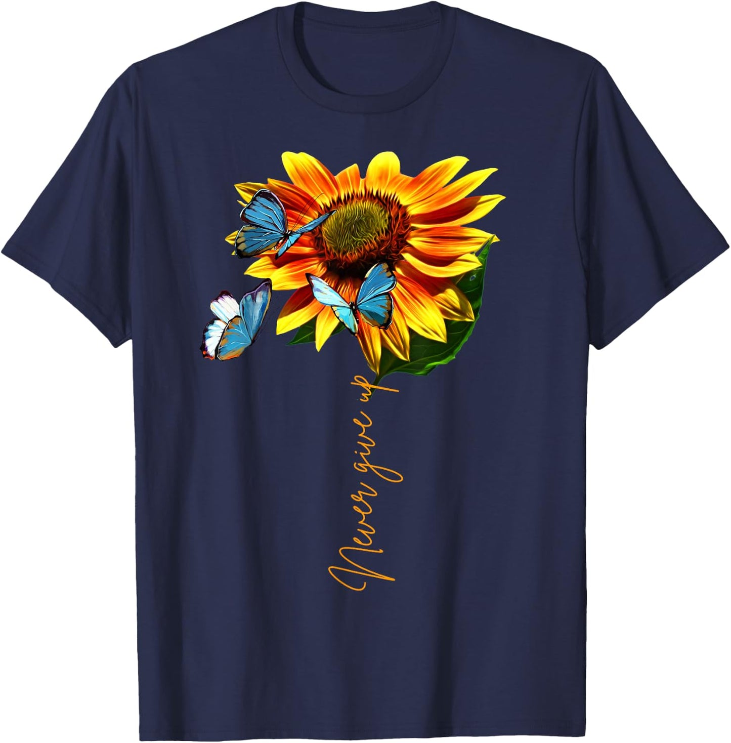 Sunflower Never Give Up Multiple Sclerosis Butterflies T-Shirt - T-Shirt | Navy