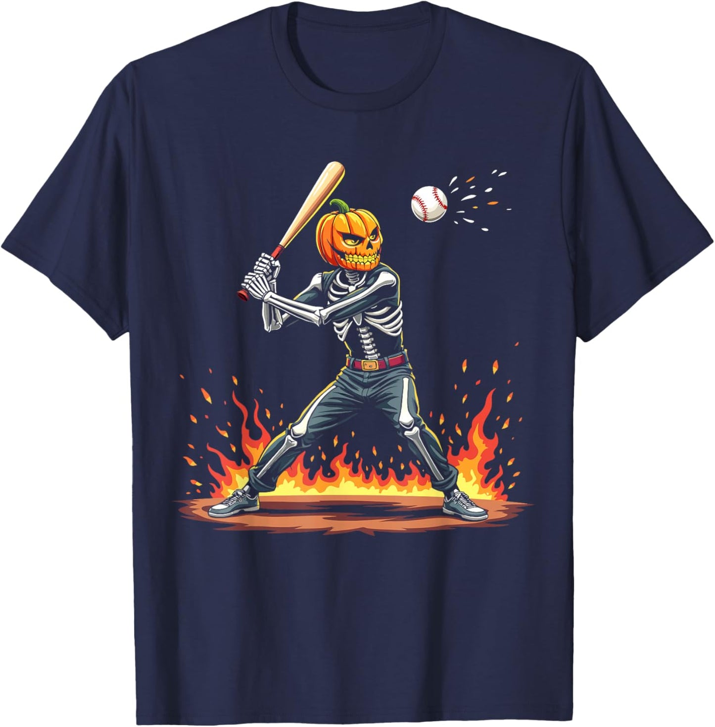 Pumpkin Head Skeleton Baseball Halloween Spooky Sports T-Shirt - T-Shirt | Navy