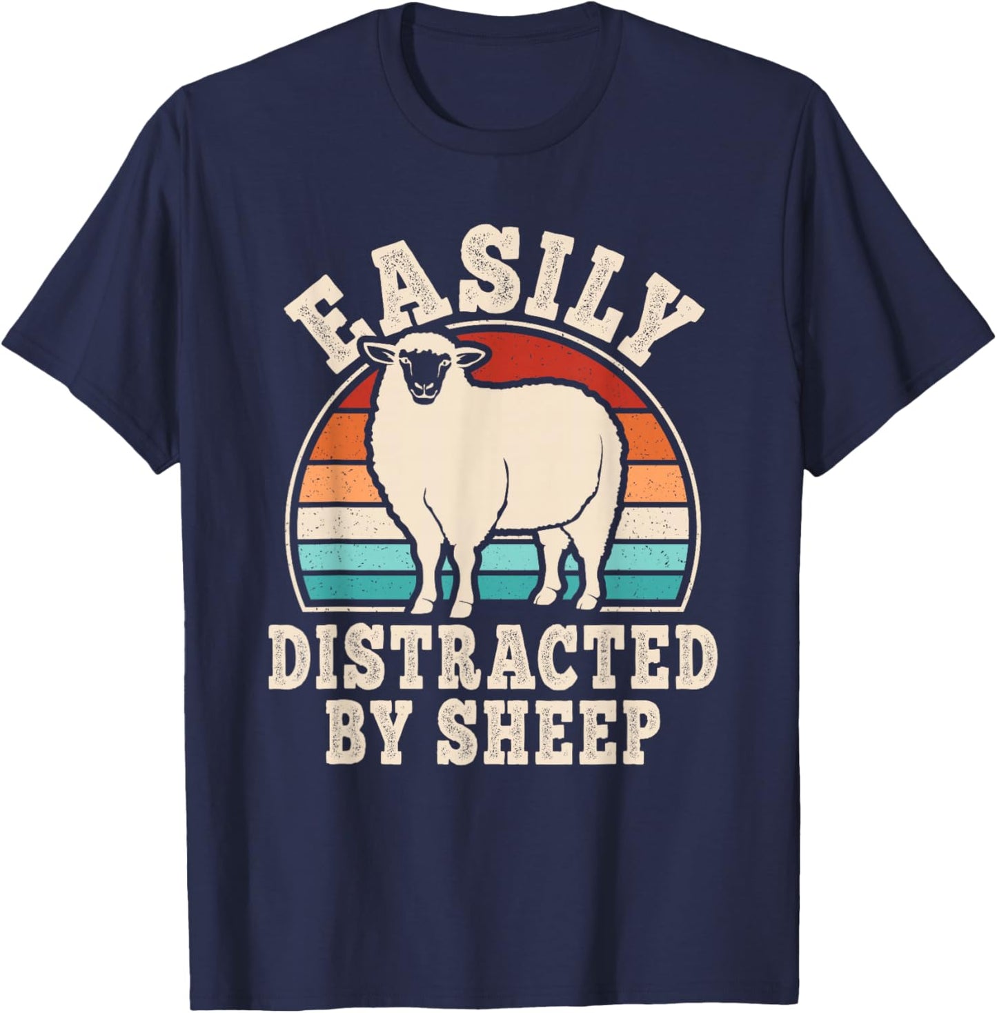 Easily Distracted by Sheep Retro Men Women T-Shirt - T-Shirt | Navy