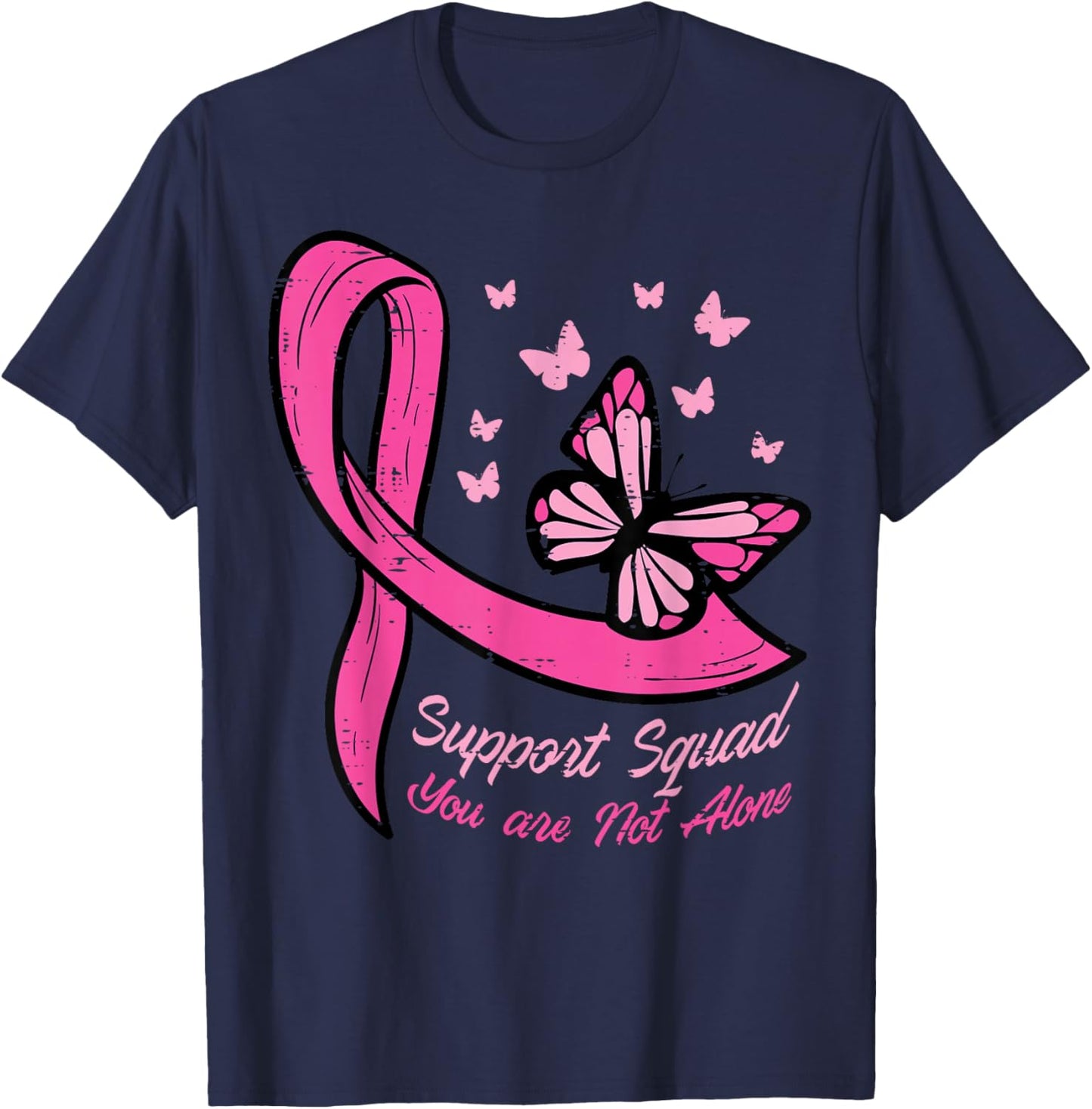 Breast Cancer Ribbon Butterfly Support Squad Women Men Kids T-Shirt - T-Shirt | Navy