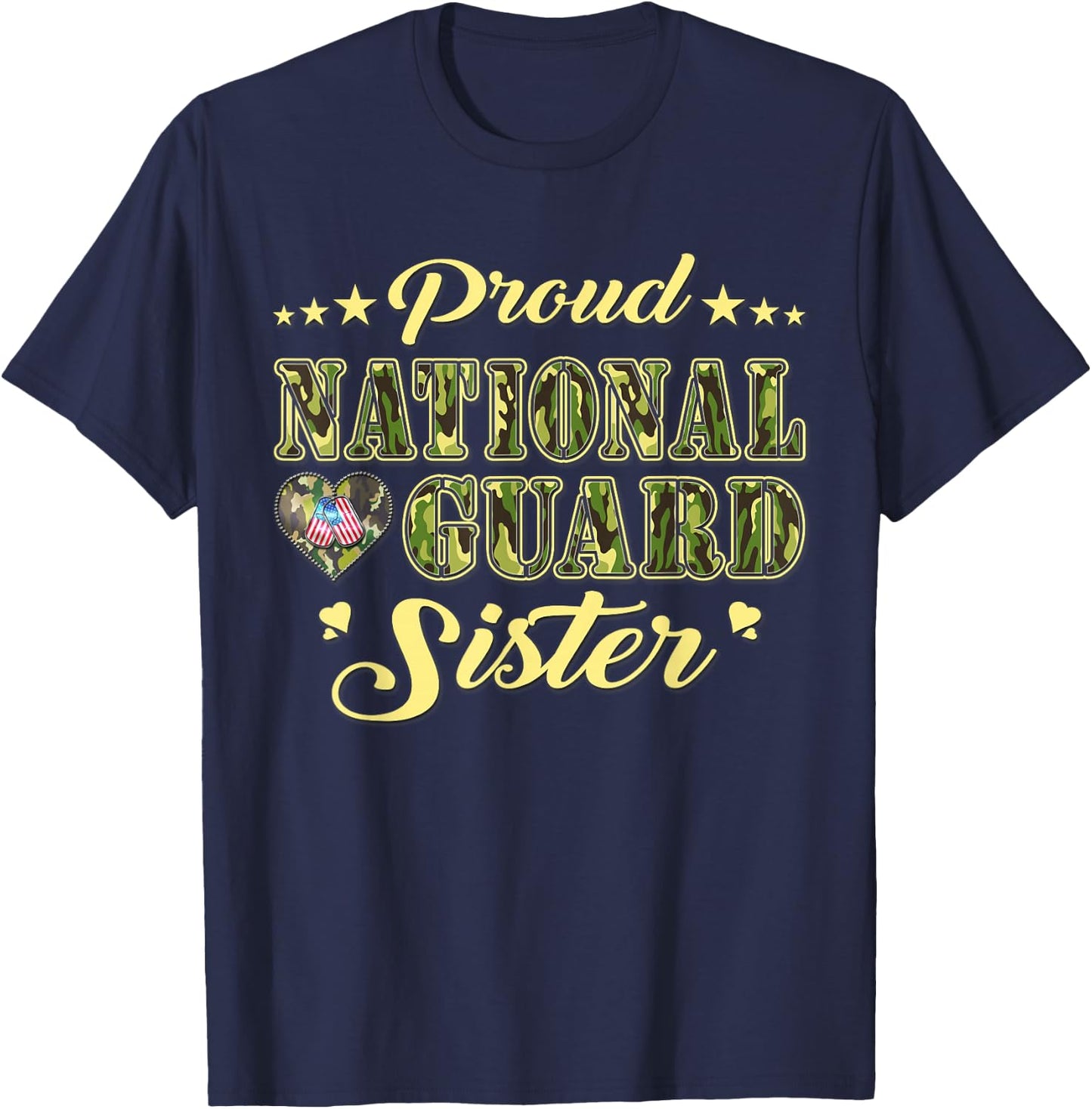 Proud National Guard Sister Dog Tags Heart Military Sibling Men Women Kids T-Shirt - T-Shirt | Navy