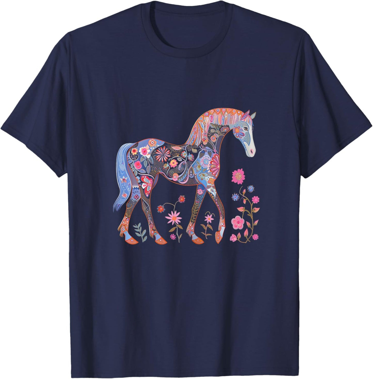 Horse Flowers Horseback Riding Equestrian Horse Girls Kids T-Shirt - T-Shirt | Navy