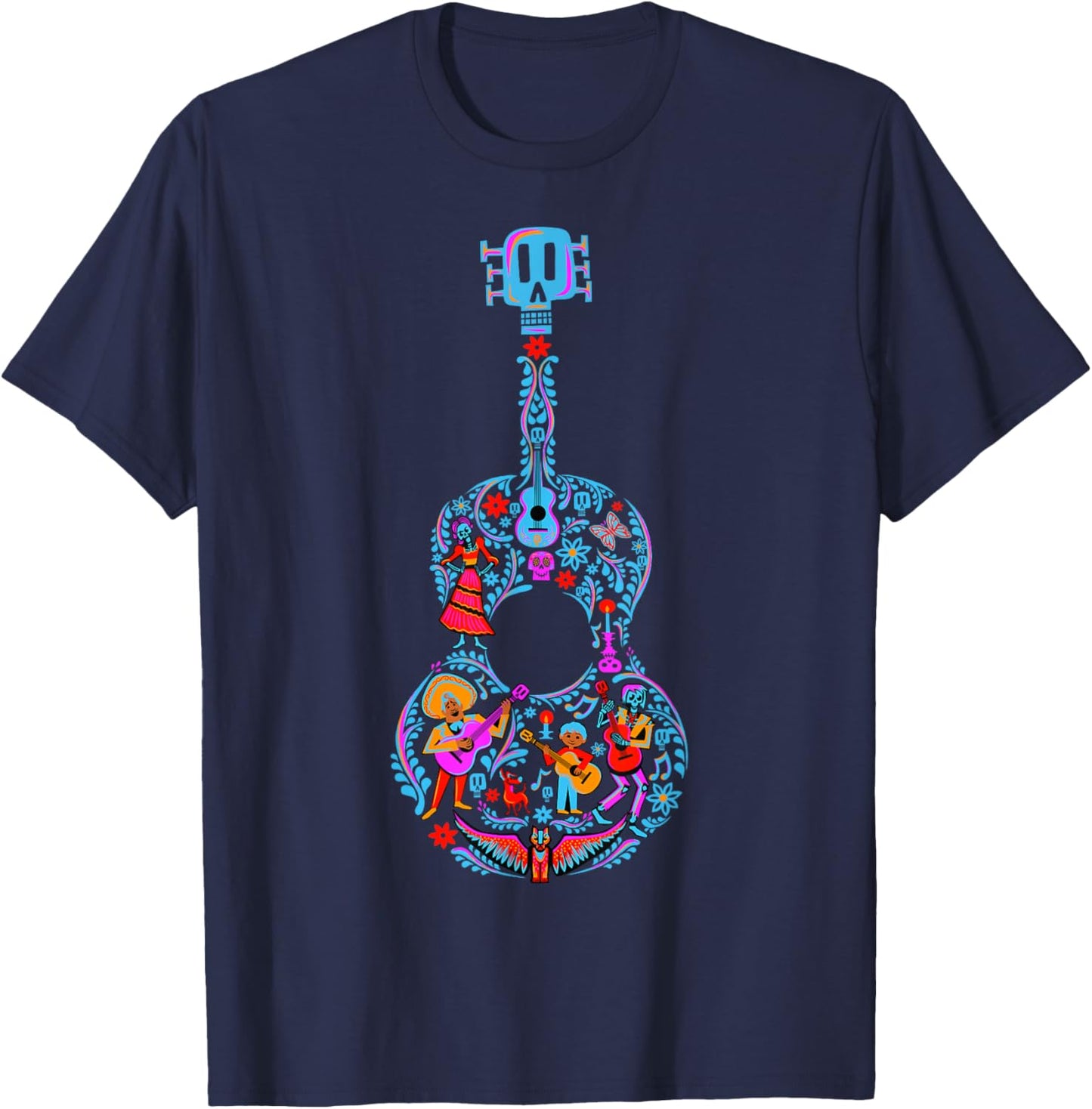 Disney Pixar Coco Guitar Collage Day Of The Dead Style Logo T-Shirt - T-Shirt | Navy