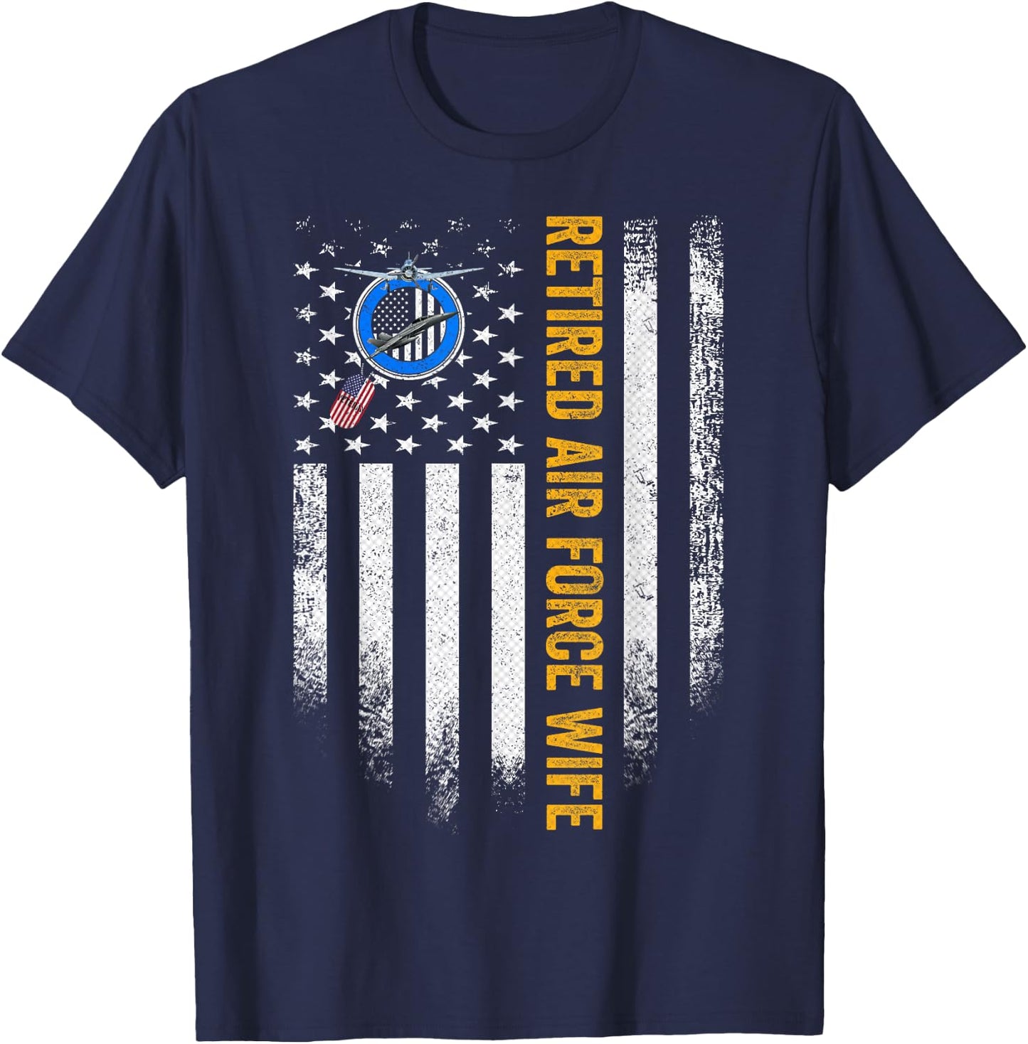 Vintage USA American Flag Retired US Air Force Veteran Wife Women Men T-Shirt - T-Shirt | Navy