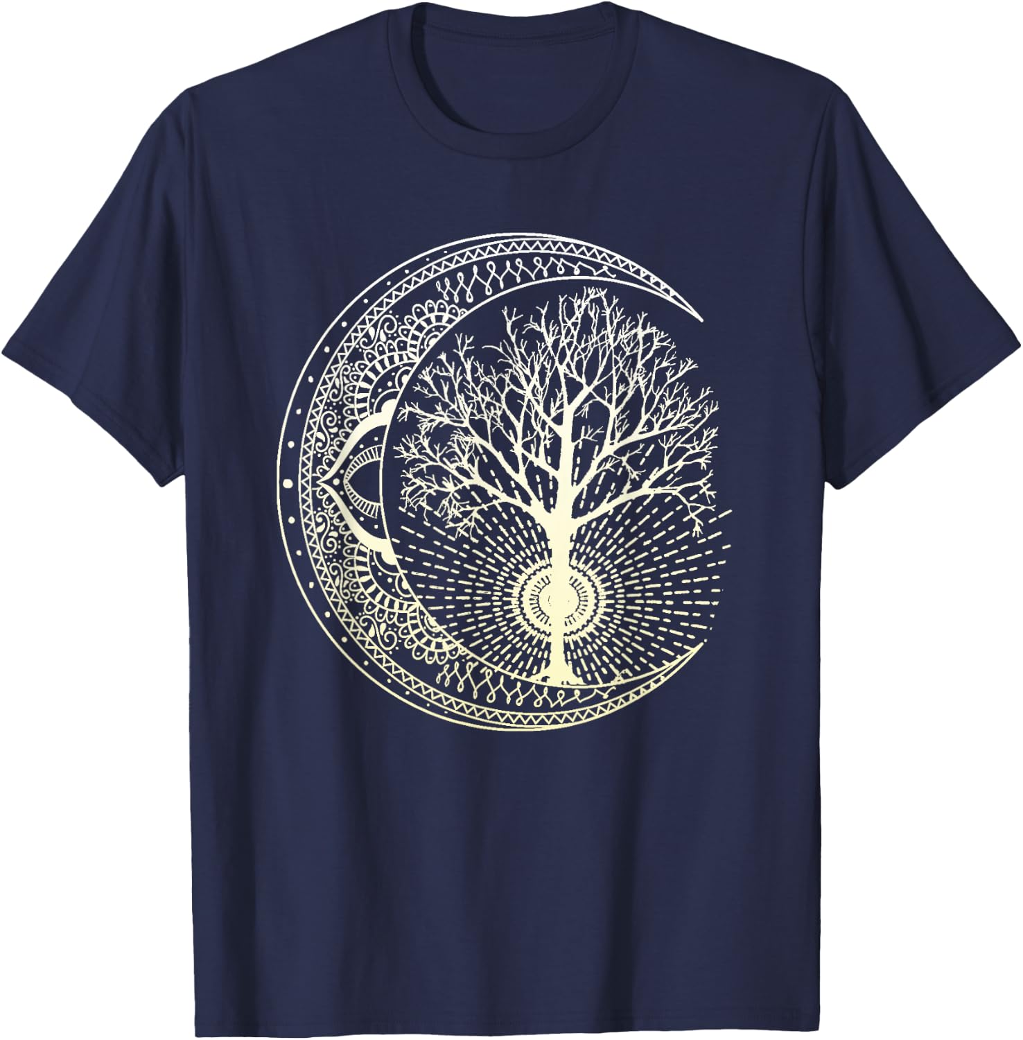 Mandala Moon Tree of Life Tattoo Style T-Shirt - T-Shirt | Navy