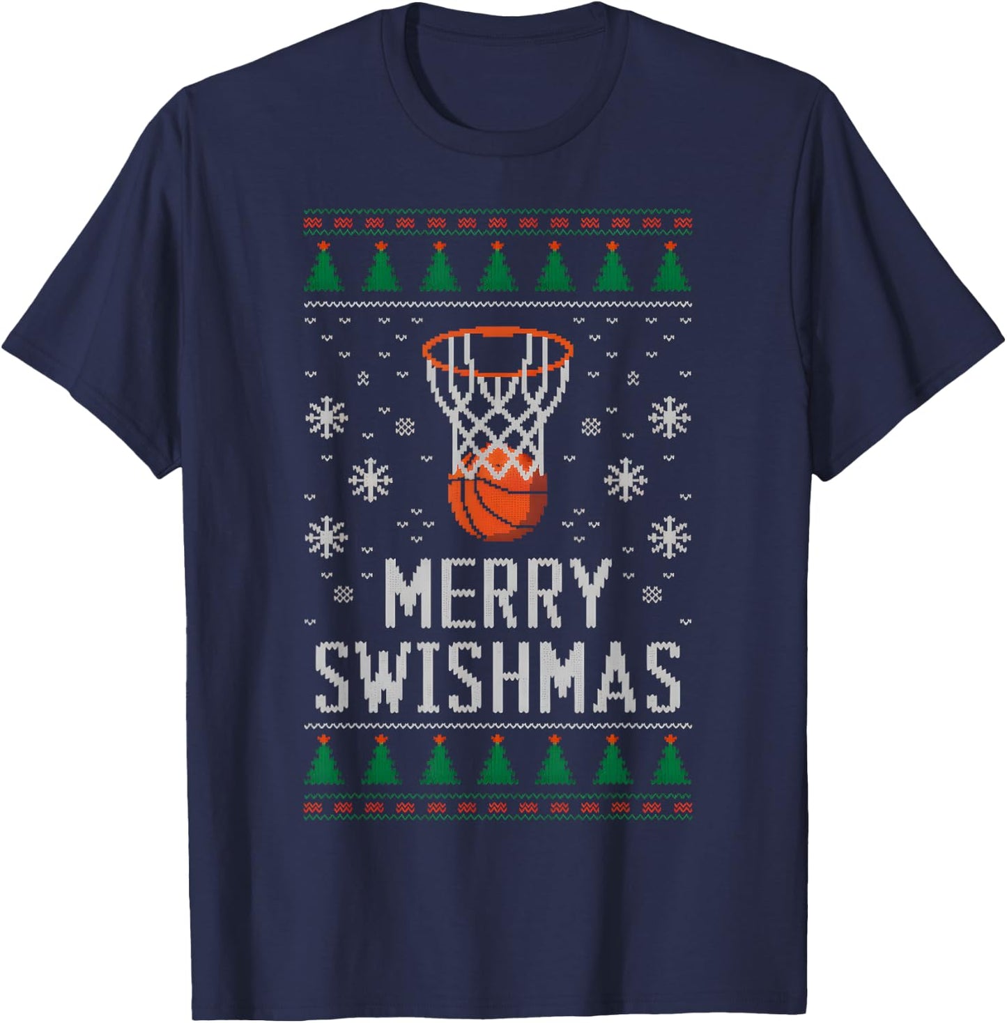 Merry Swishmas X-Mas Basketball Ugly Christmas Sweater Style T-Shirt - T-Shirt | Navy