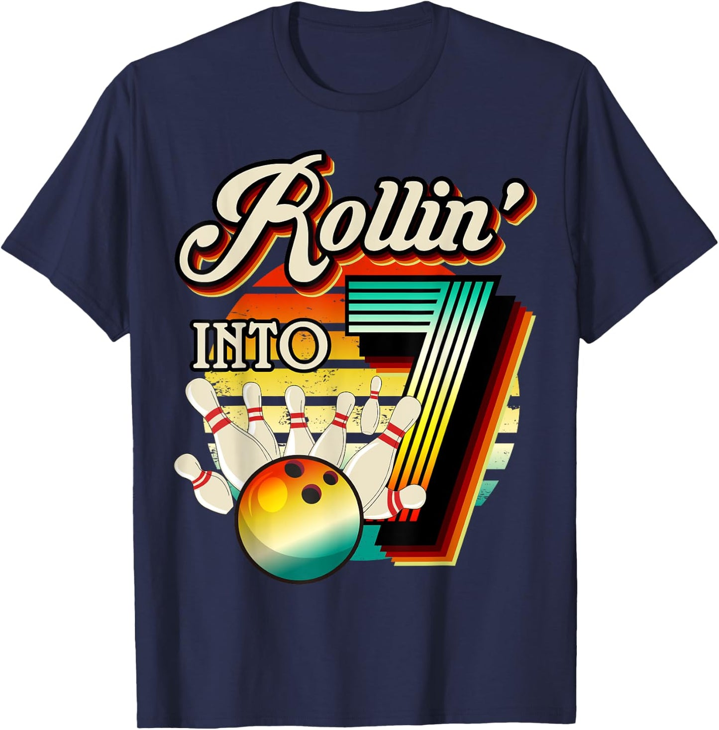 Rollin into Bowling 7 Year Old Retro Birthday 7th Bday Party T-Shirt - T-Shirt | Navy