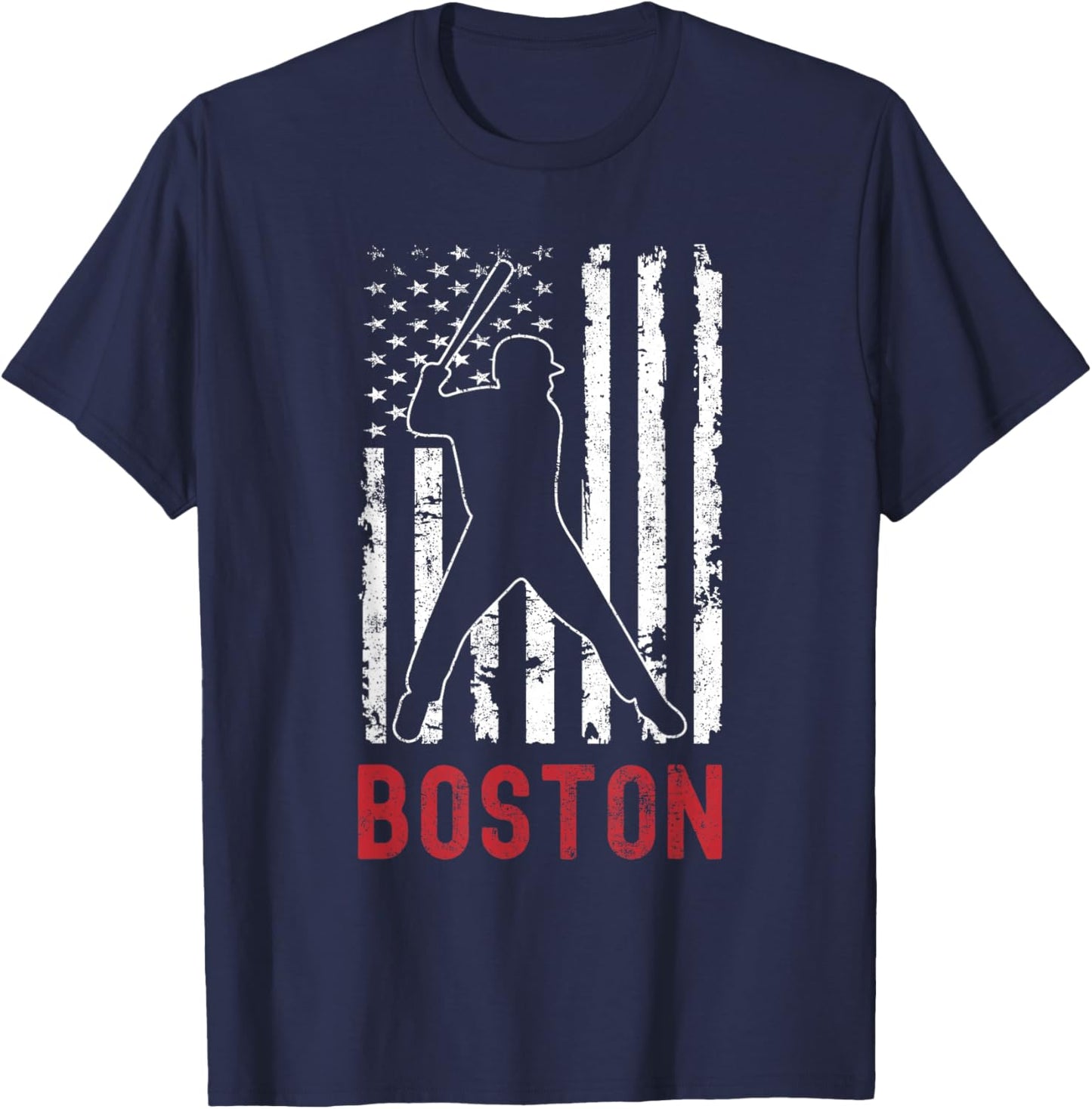 Boston Massachusetts American Flag Baseball Weathered T-Shirt - T-Shirt | Navy