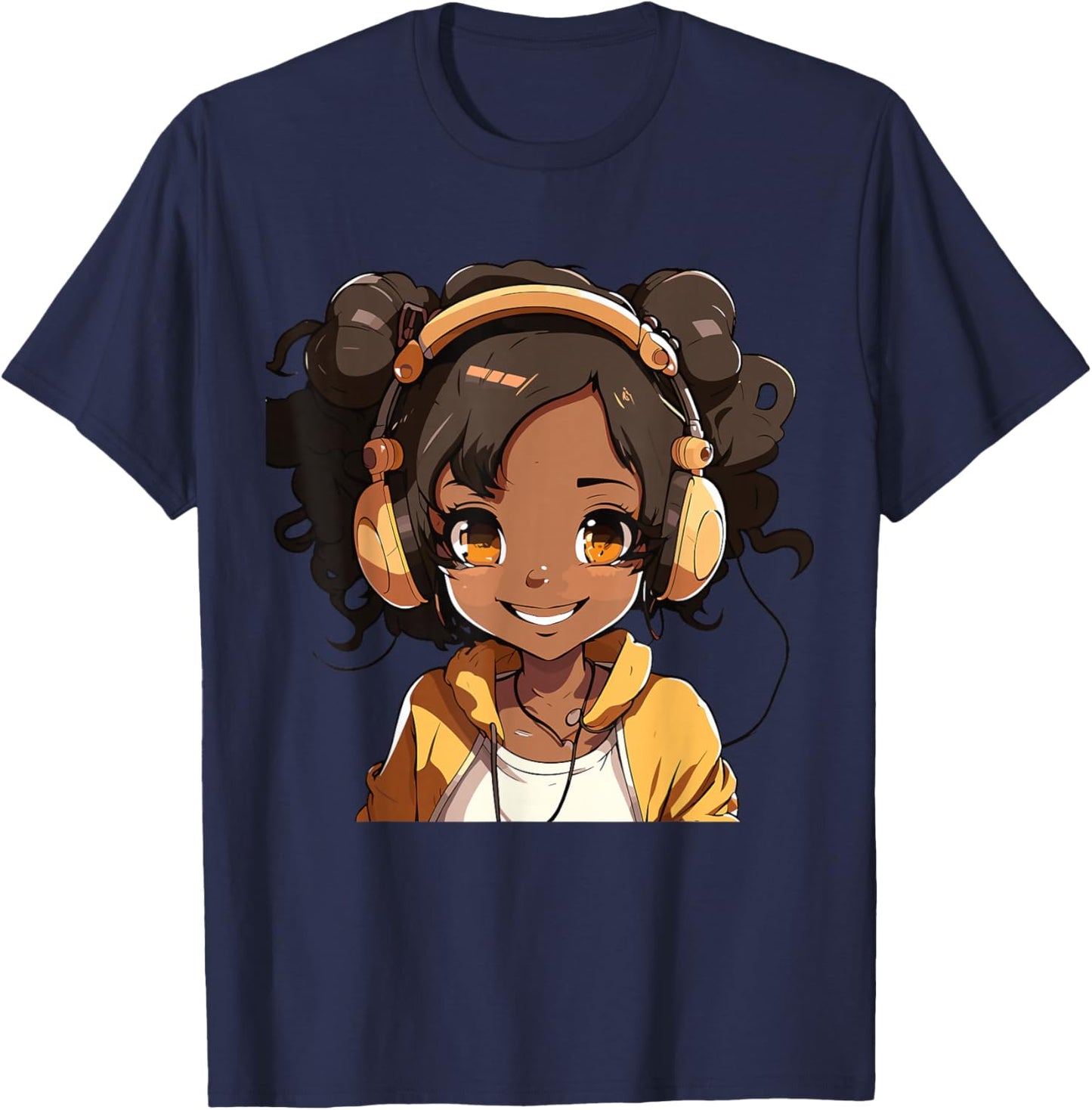 Anime and Music Black Girl Anime Merch Afro African American T-Shirt - T-Shirt | Navy