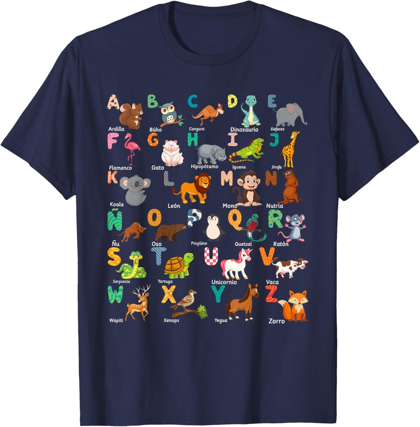 Animal Alphabet ABCs Spanish Learning T-Shirt - T-Shirt | Navy