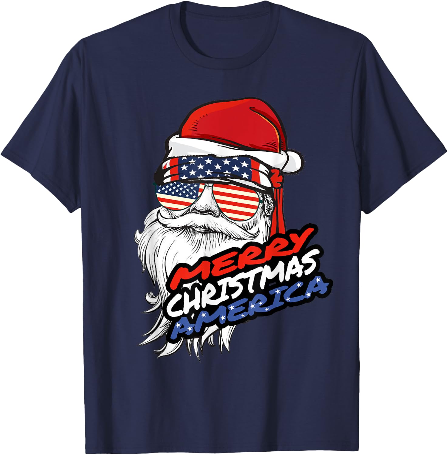 Merry Christmas America Santa Claus American Flag T-Shirt - T-Shirt | Navy