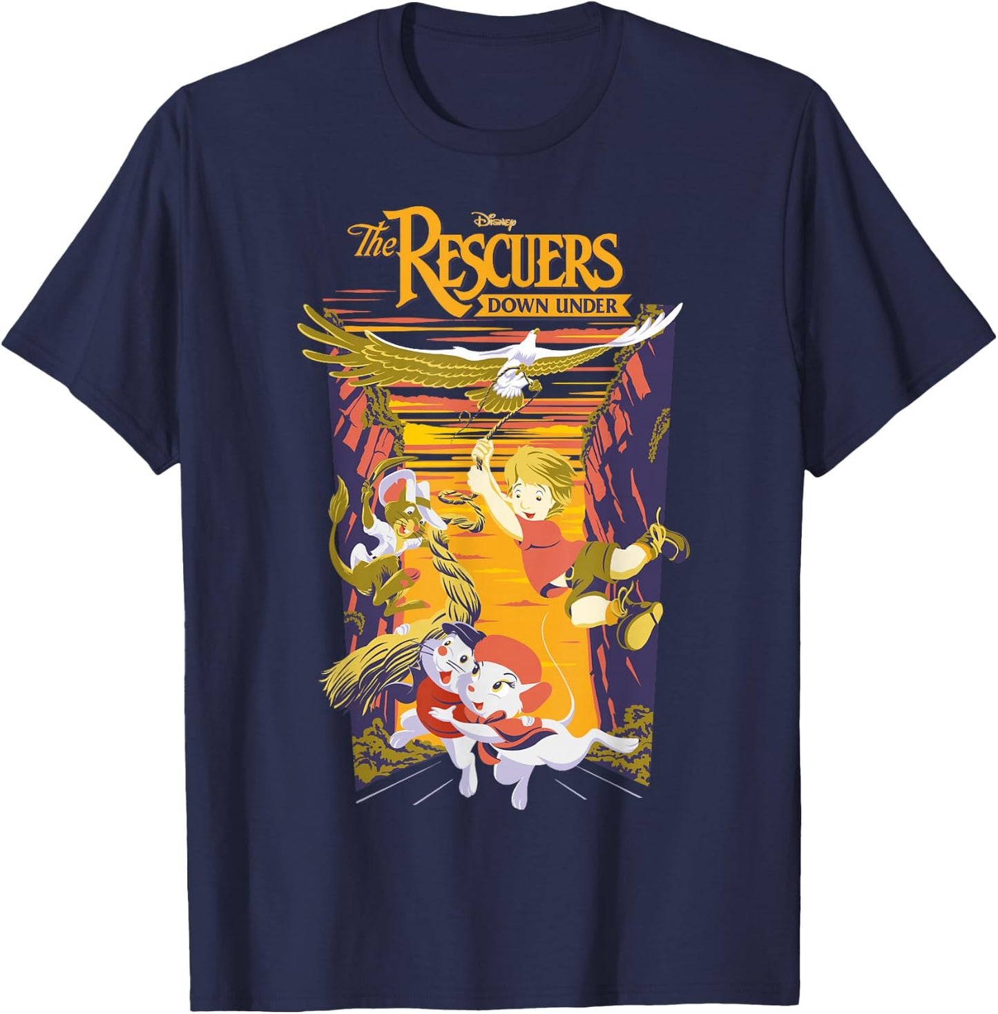 Disney The Rescuers Down Under Group Shot Sunset Poster T-Shirt - T-Shirt | Navy