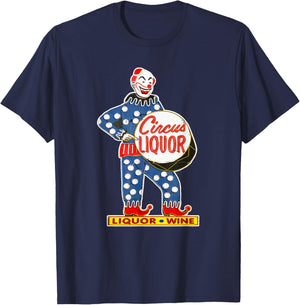 CIRCUS LIQUOR Classic - Black, -Adults, Small, Short Sleeve, Classic Fit, Cotton Blend, Novelty, Cartoon, Retro, Bar Enthusiasts, Cartoon Fans T-Shirt - T-Shirt | Navy
