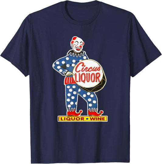 CIRCUS LIQUOR Classic - Black, -Adults, Small, Short Sleeve, Classic Fit, Cotton Blend, Novelty, Cartoon, Retro, Bar Enthusiasts, Cartoon Fans T-Shirt - T-Shirt | Navy