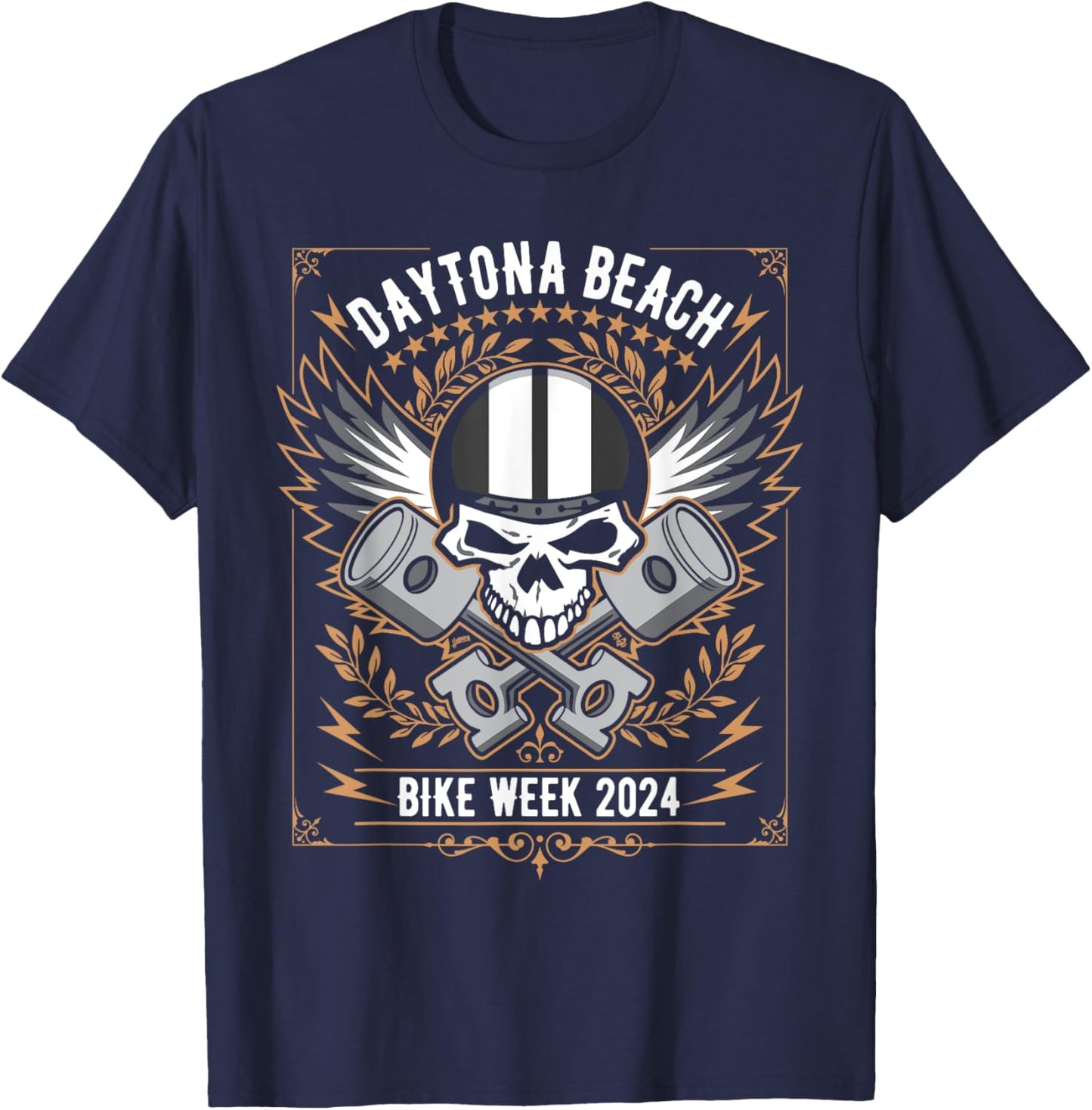 Daytona Beach Bike Week 2024 Retro Motorcycle Skull Design Men Women T-Shirt - T-Shirt | Navy