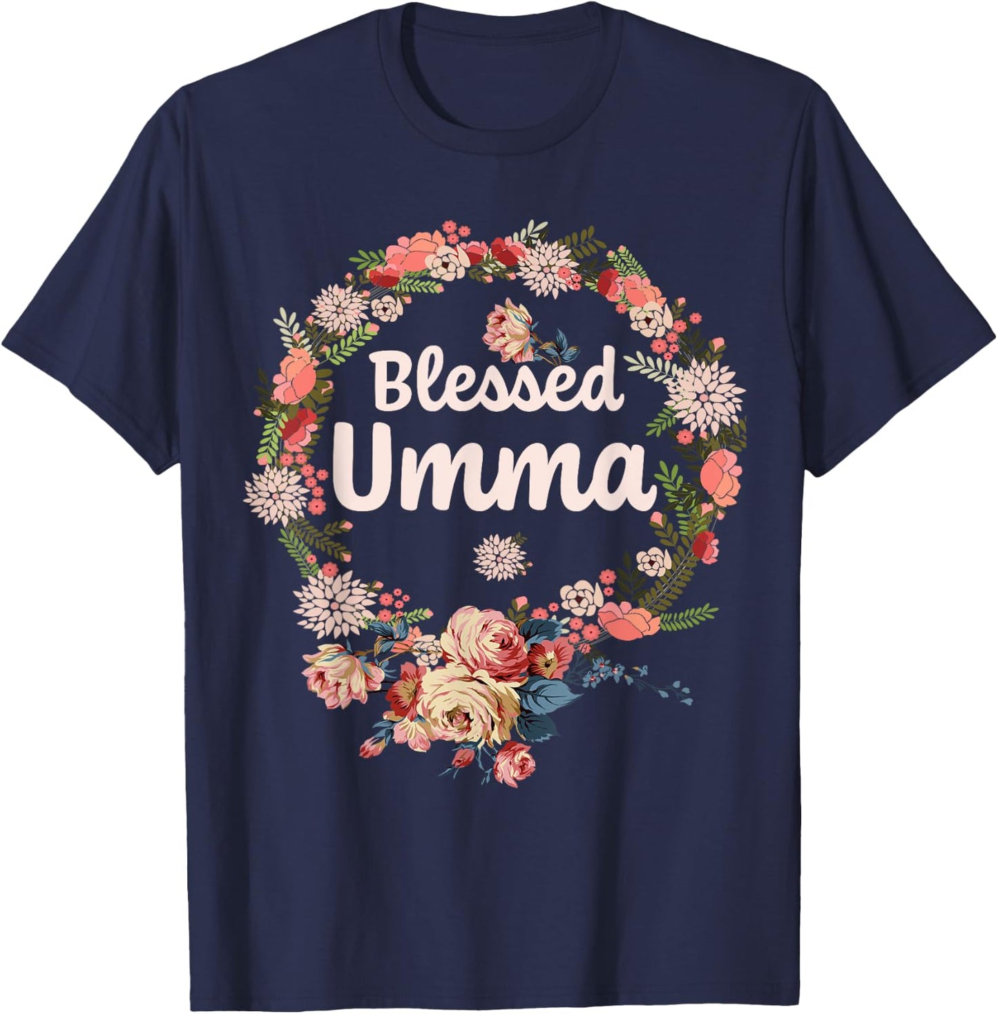 Blessed Umma Gifts Flower Decor Grandma T-Shirt - T-Shirt | Navy