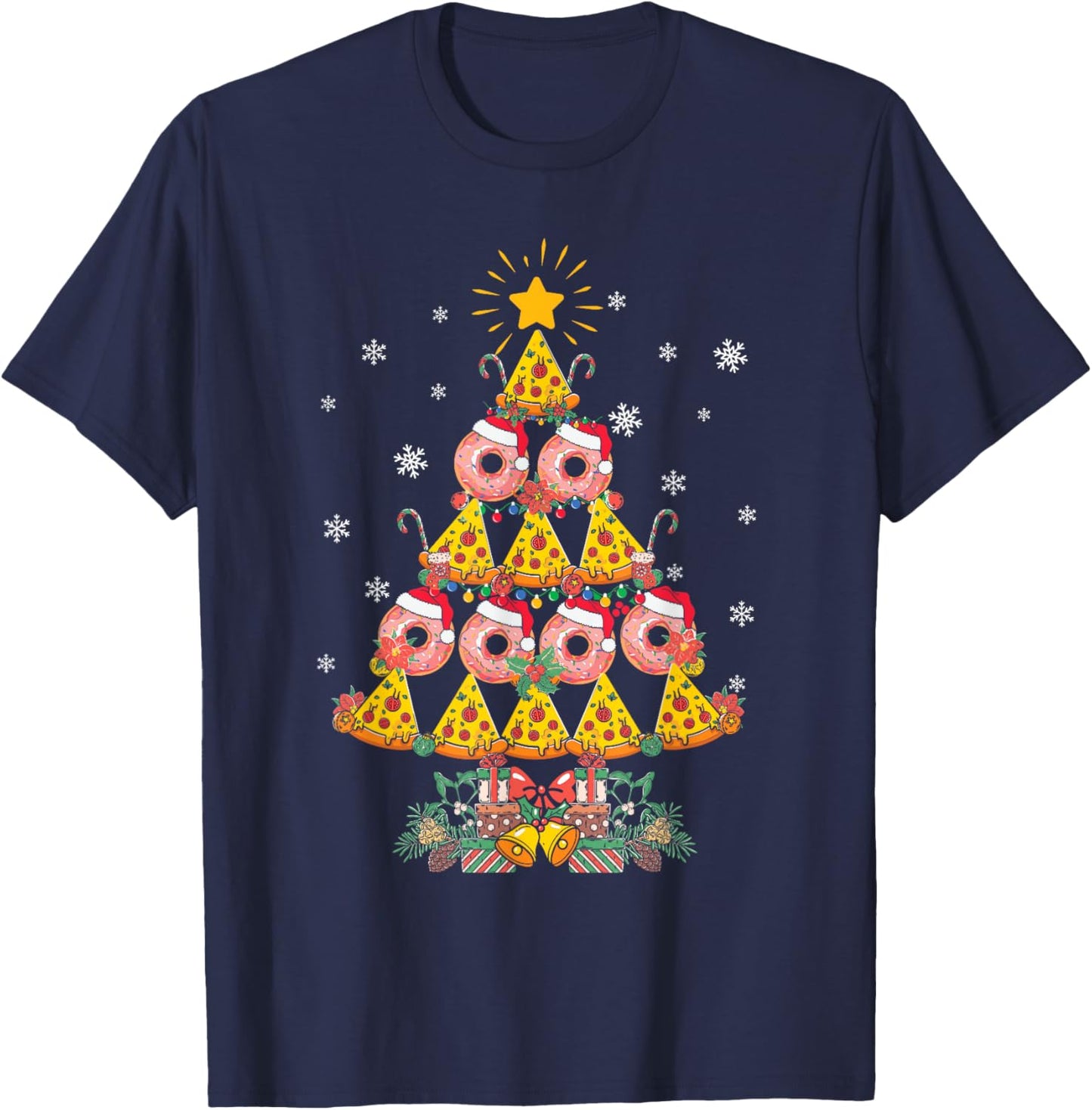 Pizza & Donut Funny Christmas Tree Merry Xmas Crustmas light T-Shirt - T-Shirt | Navy