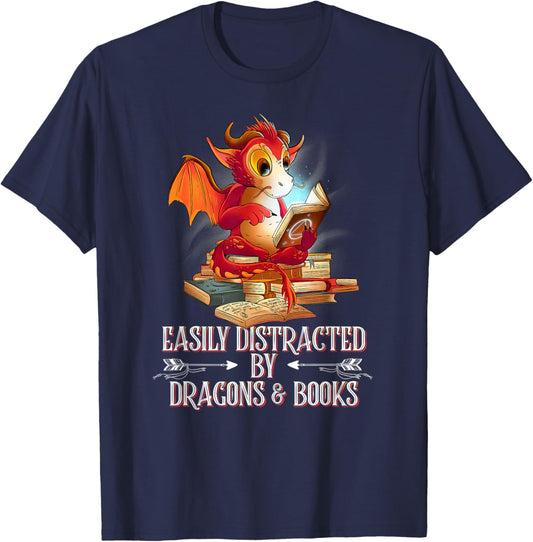 easily distracted by Dragon and Books nerds T-Shirt - T-Shirt | Navy