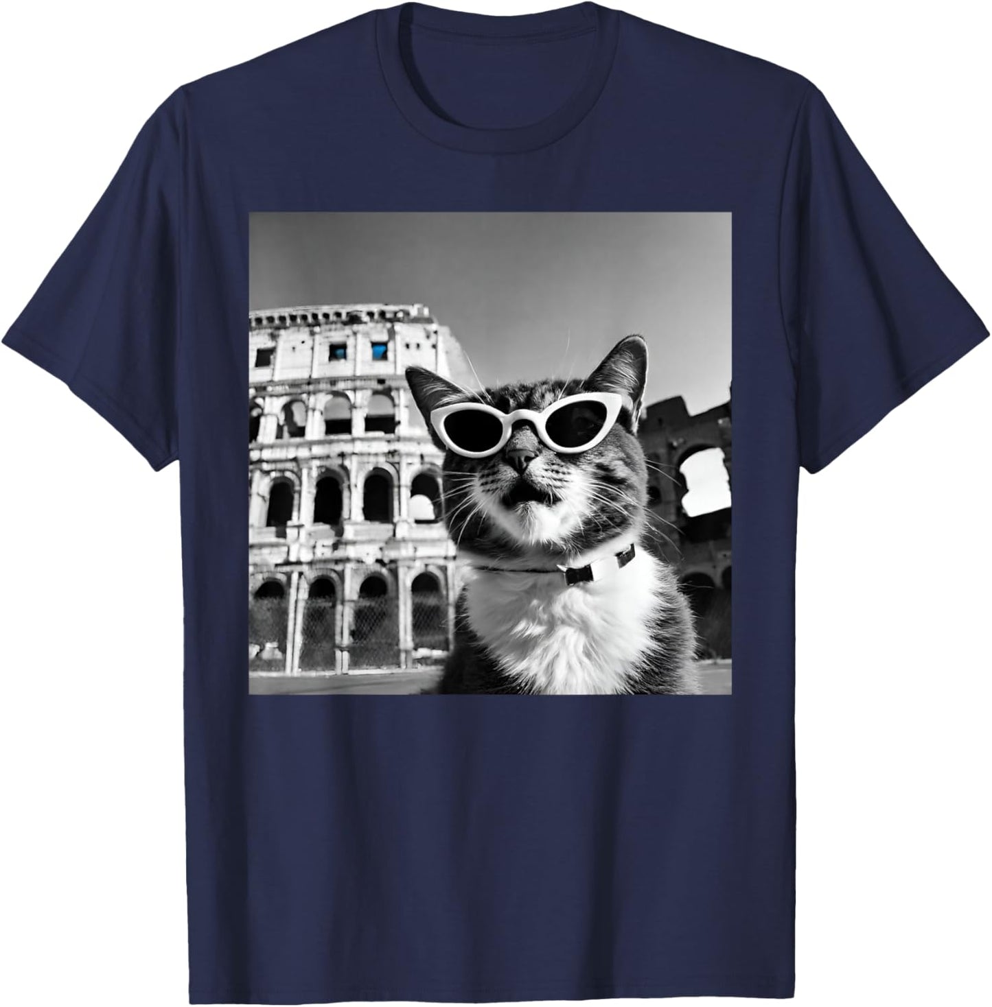 Funny Cat Wearing Sunglasses At The Roman Colosseum T-Shirt - T-Shirt | Navy