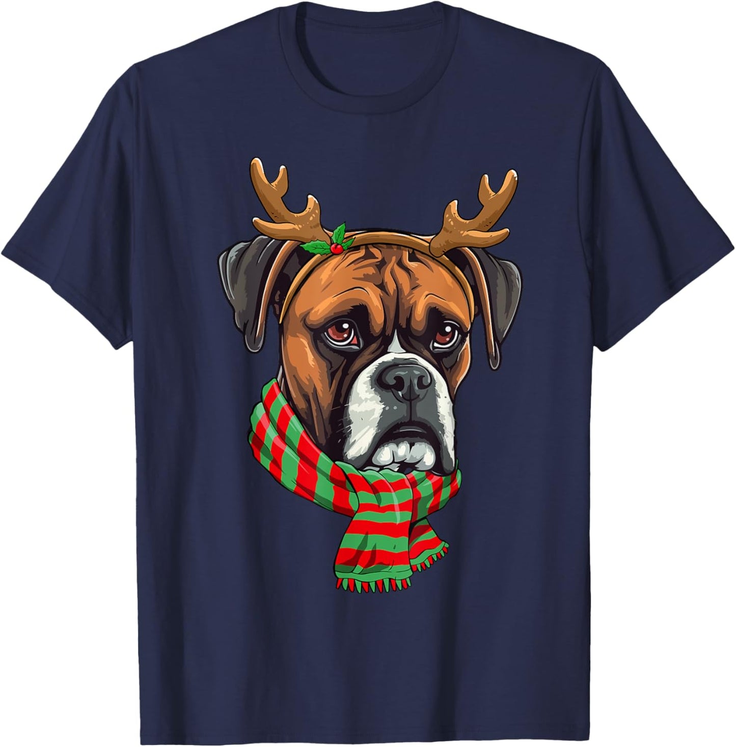 Boxer Dog Christmas Reindeer Santa Hat Funny Xmas T-Shirt - T-Shirt | Navy