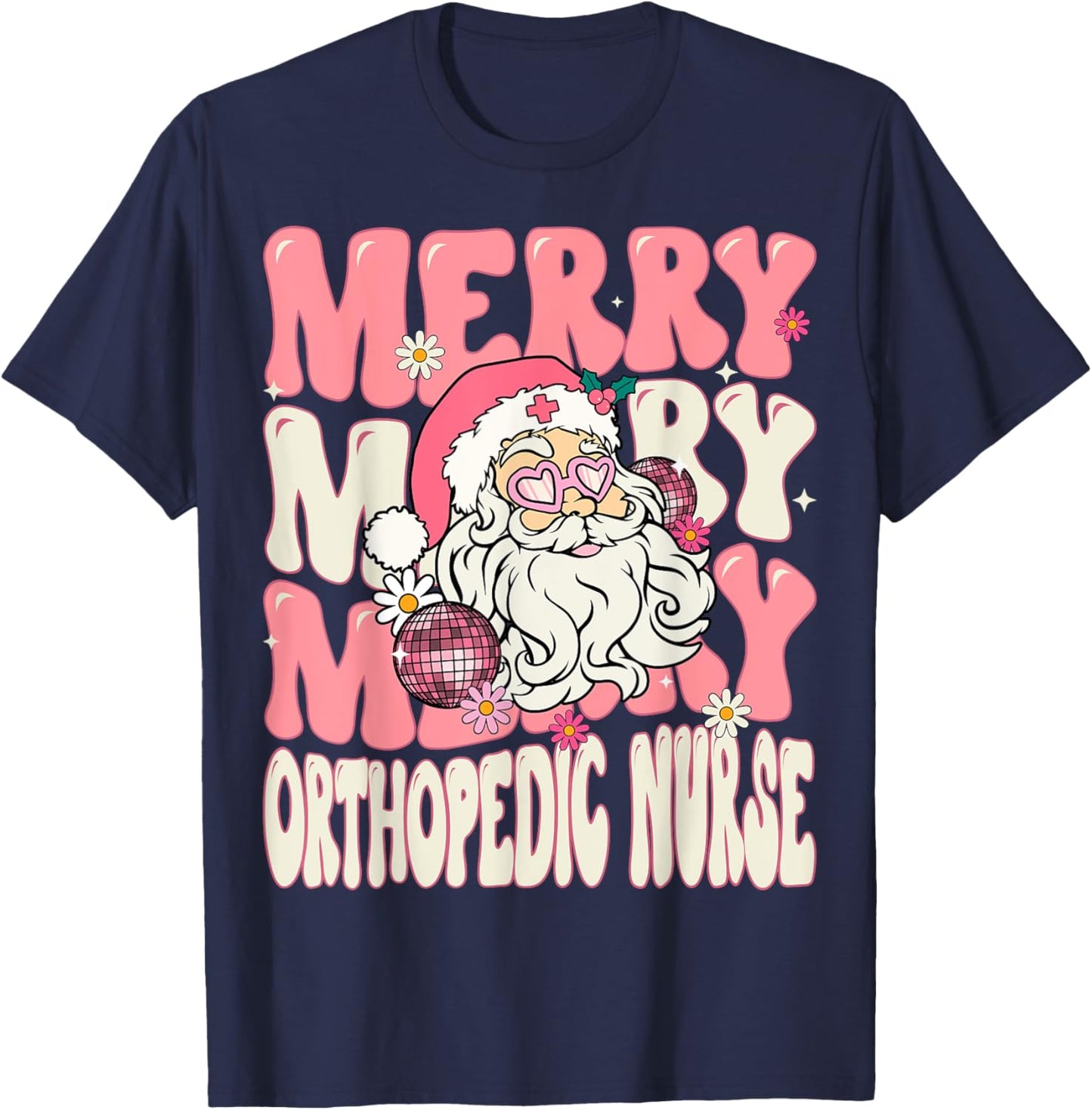 Merry Orthopedic Nurse Christmas Retro Pink Orthopedic Nurse T-Shirt - T-Shirt | Navy