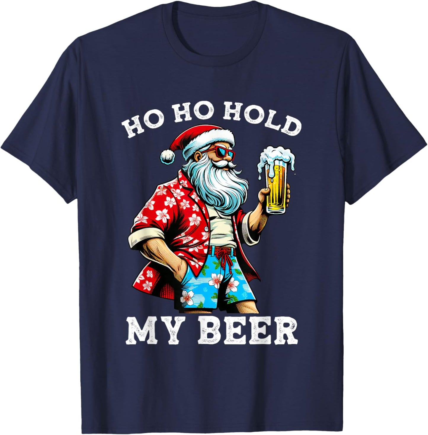 Funny Santa With Sunglasses And Beer Christmas in July T-Shirt - T-Shirt | Navy