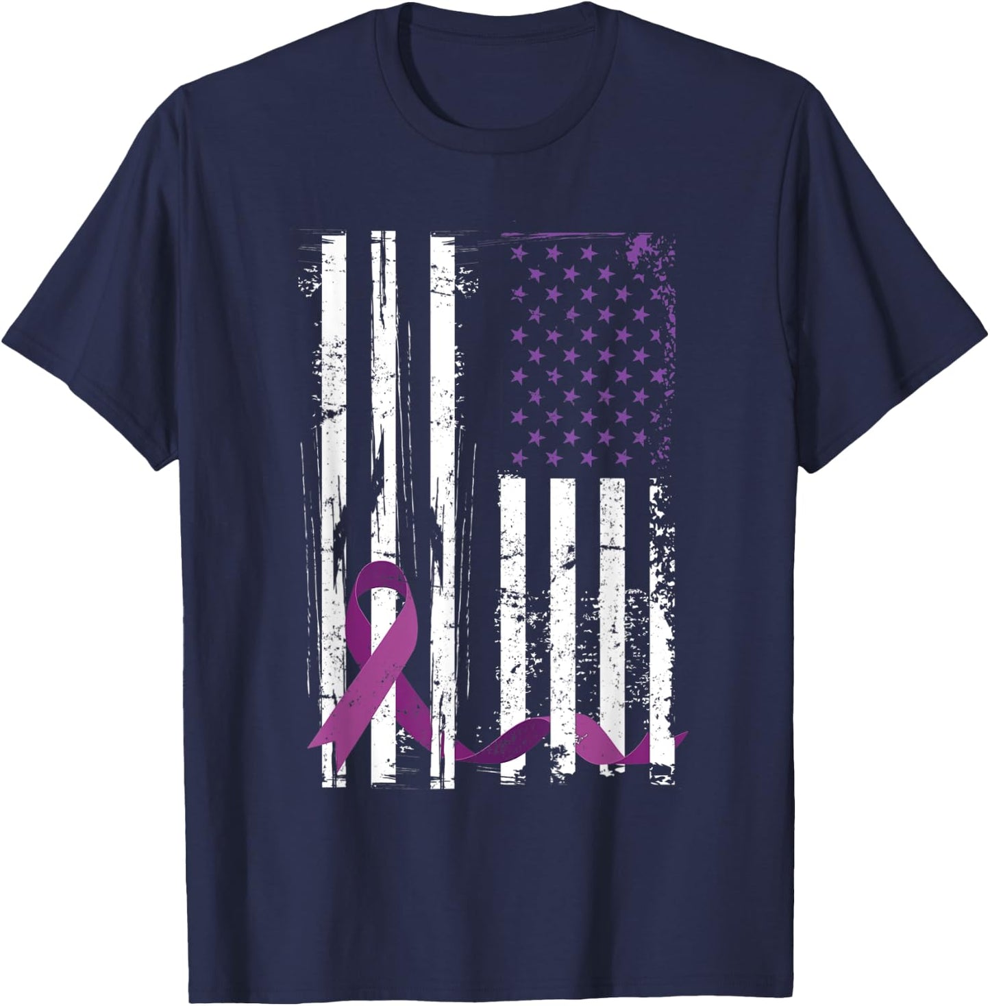 Purple Ribbon 4th Of July Gift Pancreatic Cancer Awareness T-Shirt - T-Shirt | Navy