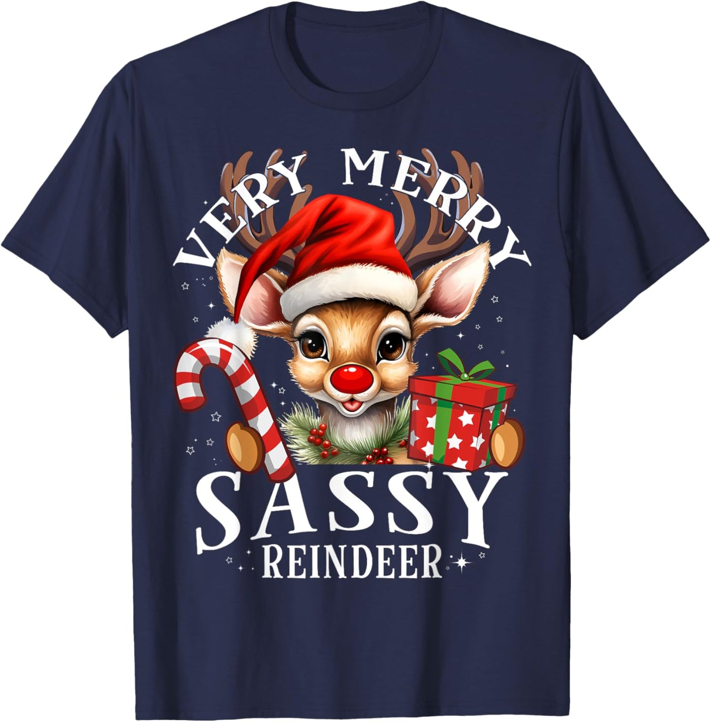 Very Merry Sassy Reindeer Matching Christmas T-Shirt - T-Shirt | Navy