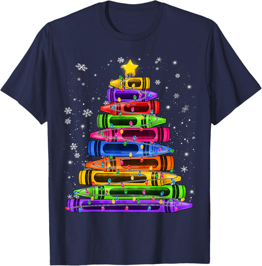 Crayon Christmas Tree Lights School Teacher Student Xmas T-Shirt - T-Shirt | Navy