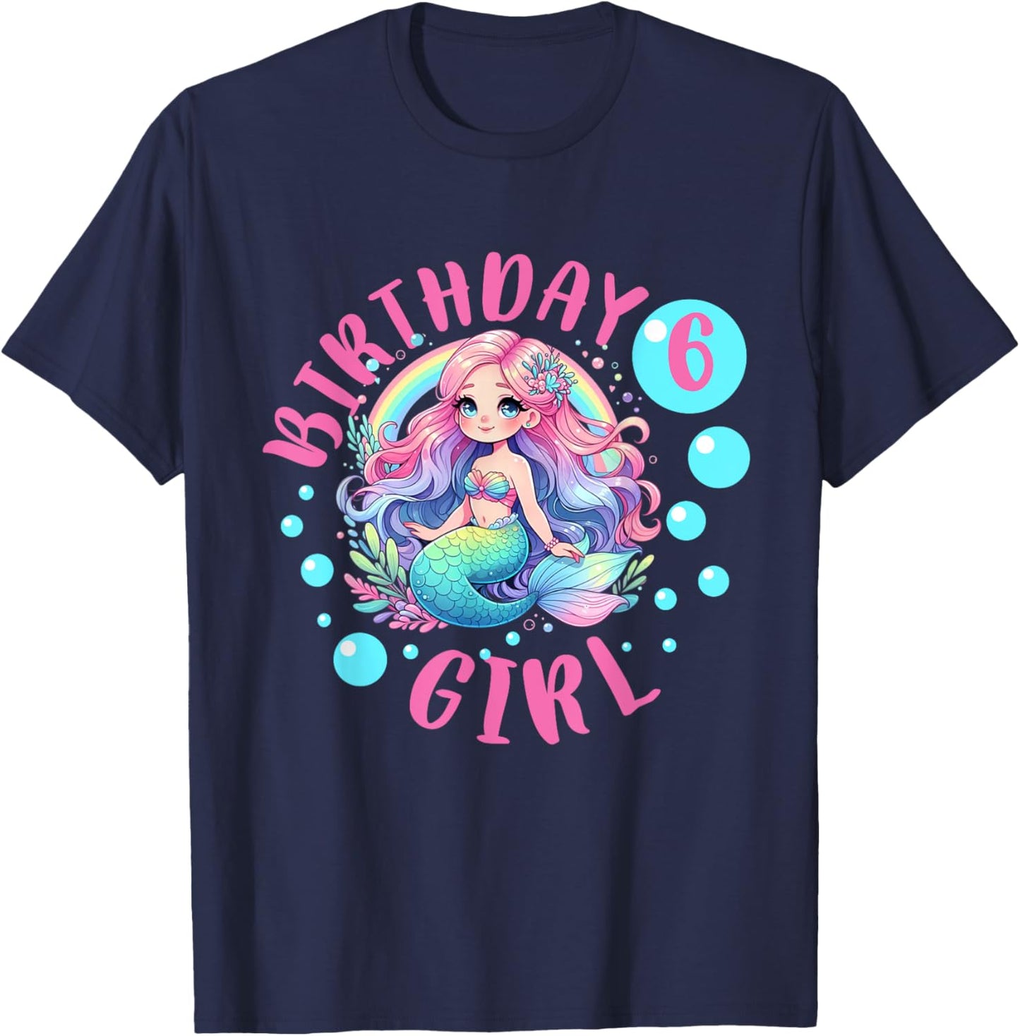 Cute Mermaid 6th Birthday Girl 6 Year Old Bday Mermaid T-Shirt - T-Shirt | Navy