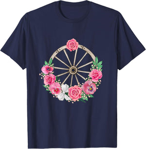 Country Wagon Wheel with Pink Roses and Panses T-Shirt - T-Shirt | Navy
