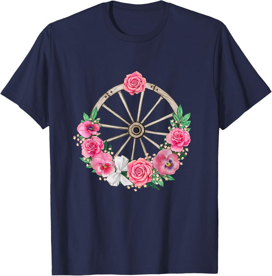 Country Wagon Wheel with Pink Roses and Panses T-Shirt - T-Shirt | Navy