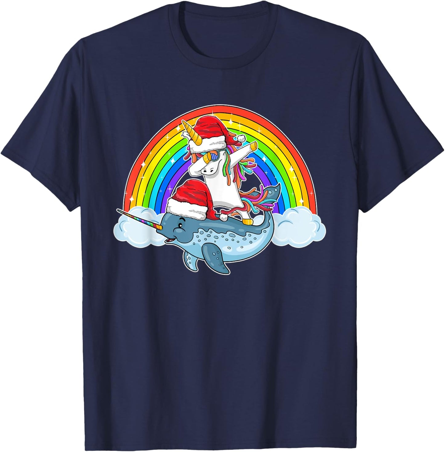Dabbing Unicorn Riding Narwhal With Santa Hat Christmas T-Shirt - T-Shirt | Navy