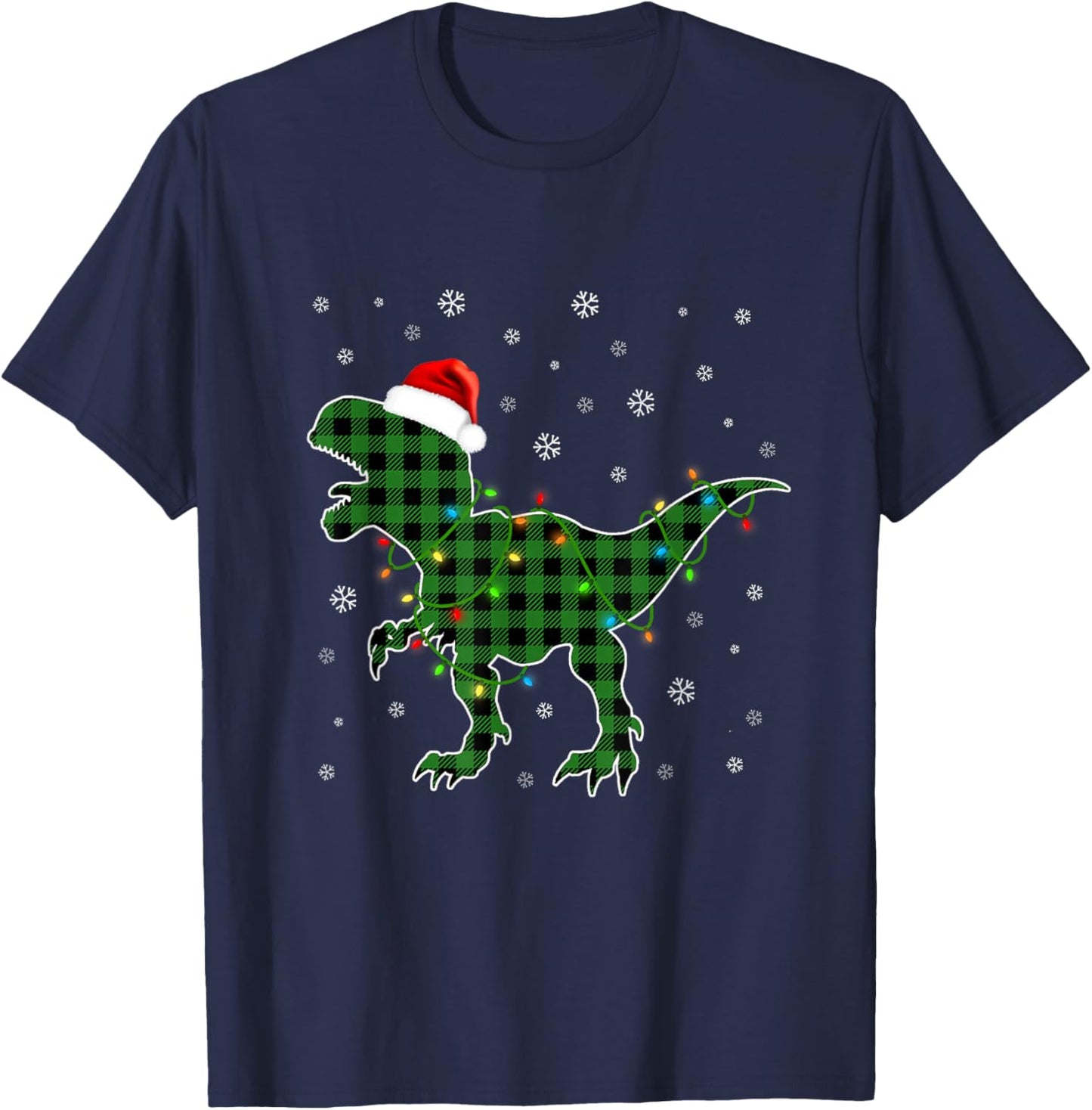 T Rex Green Plaid Buffalo Dinosaur Christmas Pajamas Family T-Shirt - T-Shirt | Navy
