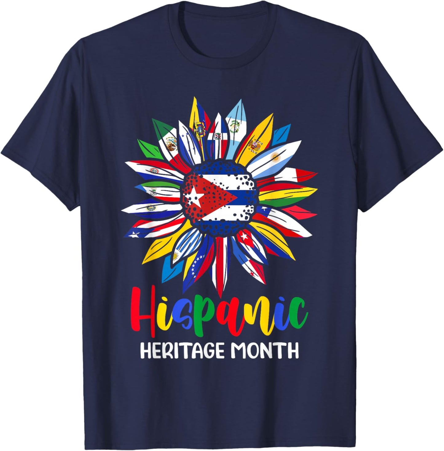 Hispanic Heritage Month Cuba Flag Sunflower Latino Flags T-Shirt - T-Shirt | Navy