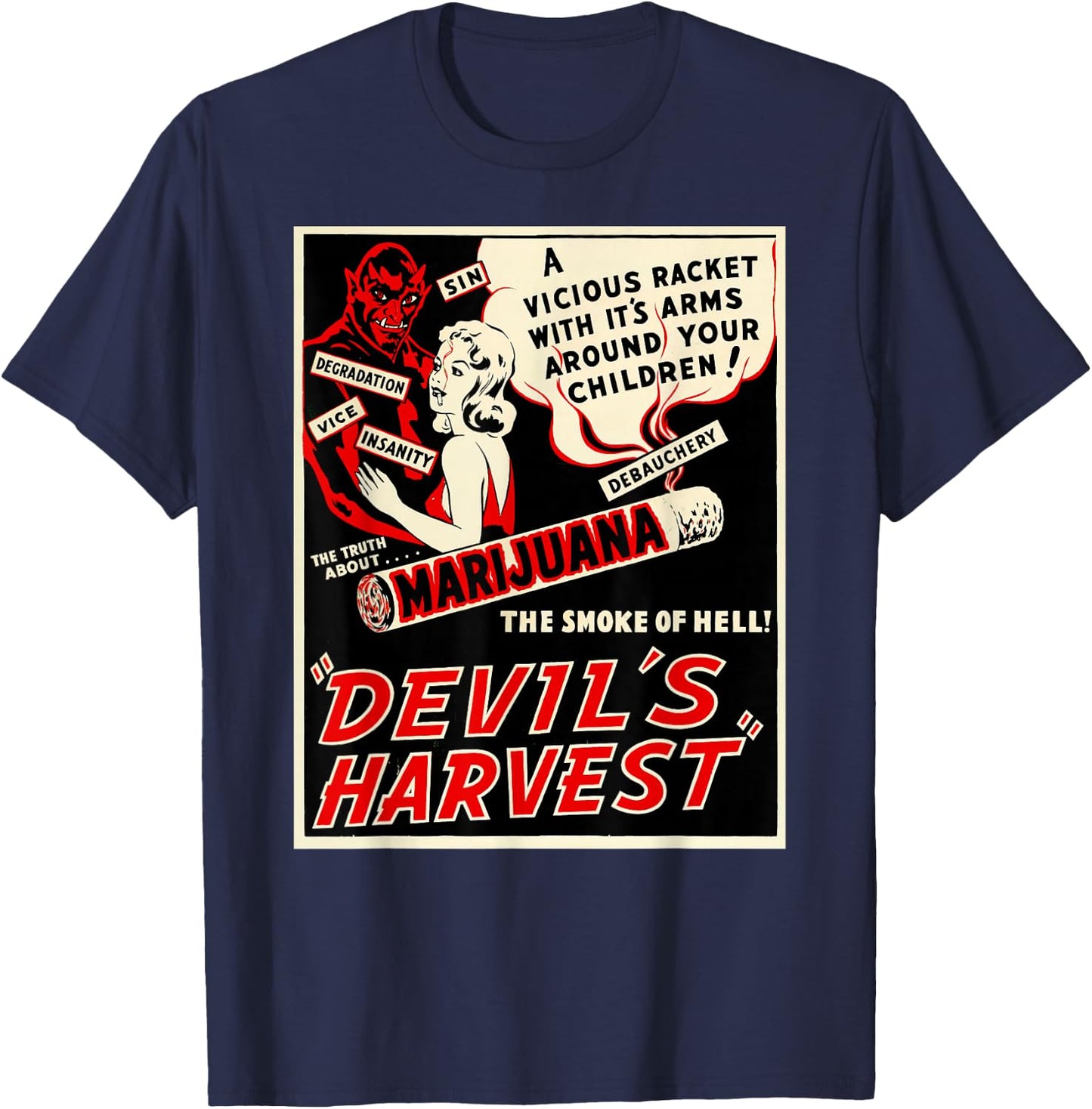 Retro Weed Art-Devil's Harvest Marijuana Weed Propaganda T-Shirt - T-Shirt | Navy
