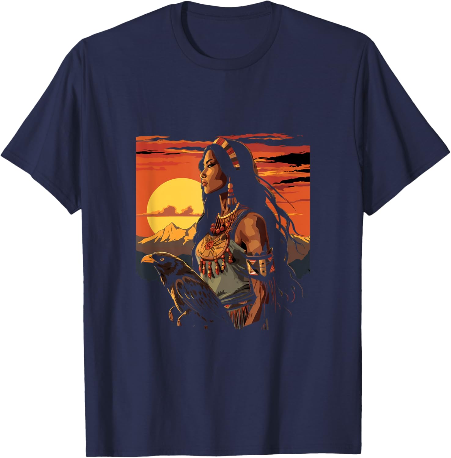 Native American Indian Woman Eagle Sunset Indigenous Women T-Shirt - T-Shirt | Navy