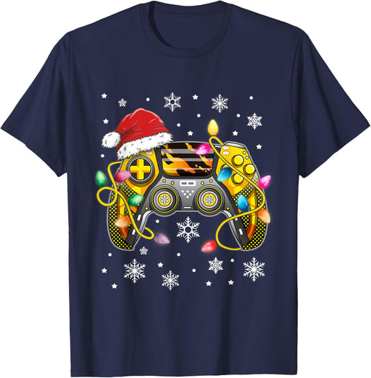 Video Game Controller Christmas Santa Hat Gamer Boys T-Shirt - T-Shirt | Navy