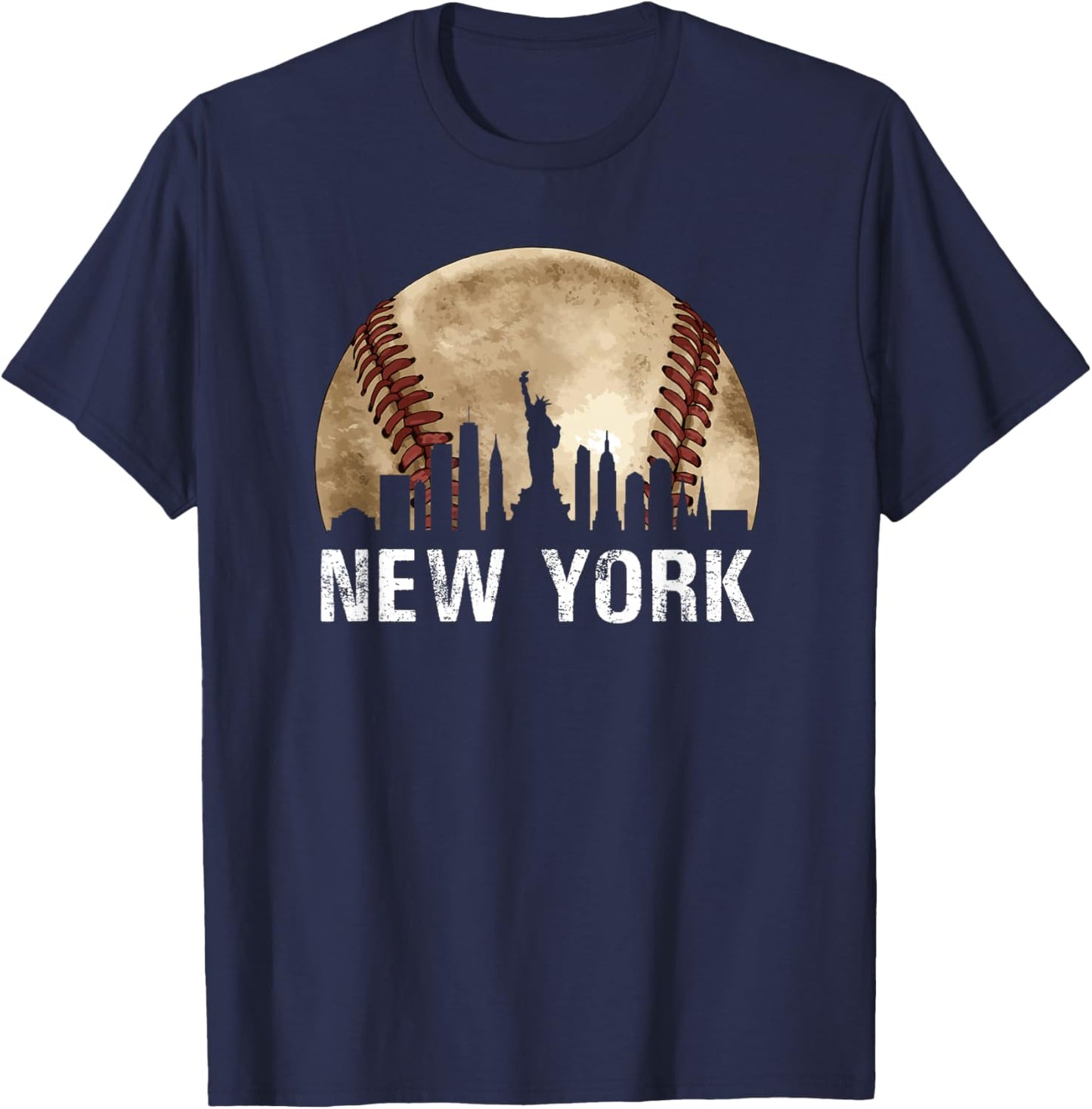 New York City Skyline Vintage Baseball Lover T-Shirt - T-Shirt | Navy