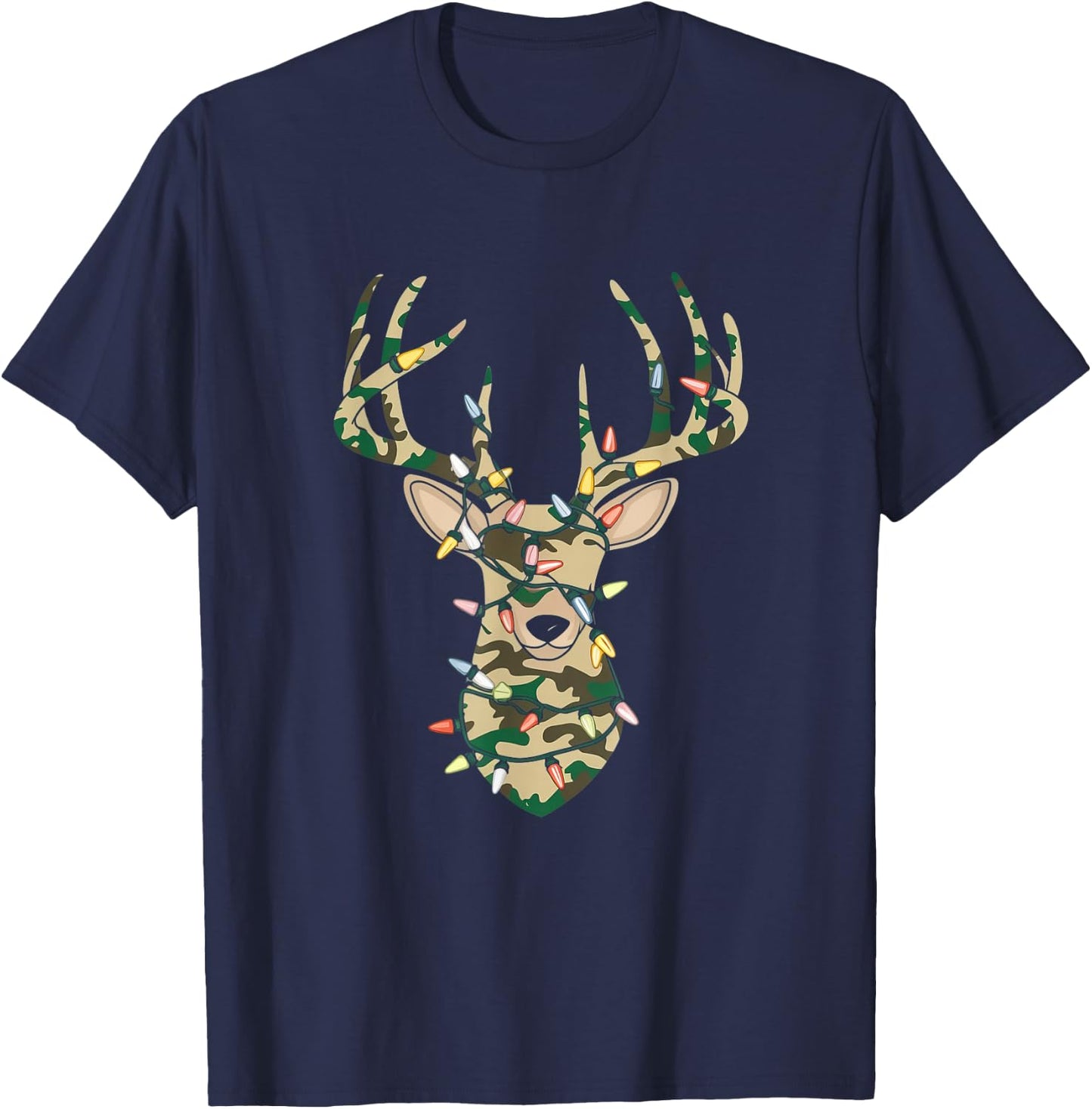 Christmas Camo Holiday Hunting Reindeer Deer Xmas Lights T-Shirt - T-Shirt | Navy
