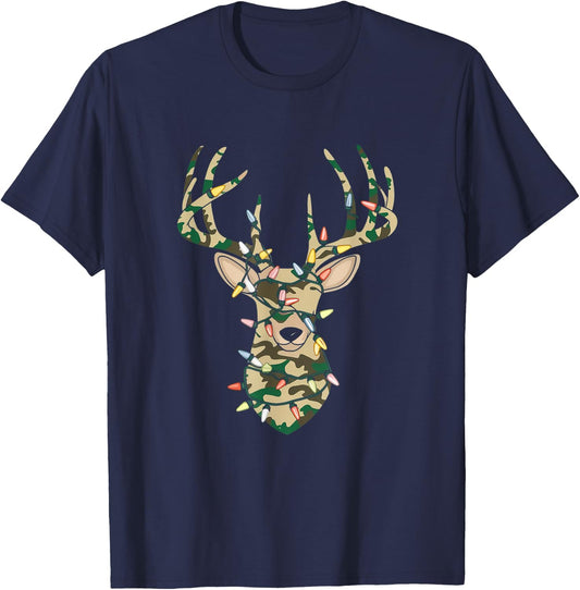 Christmas Camo Holiday Hunting Reindeer Deer Xmas Lights T-Shirt - T-Shirt | Navy
