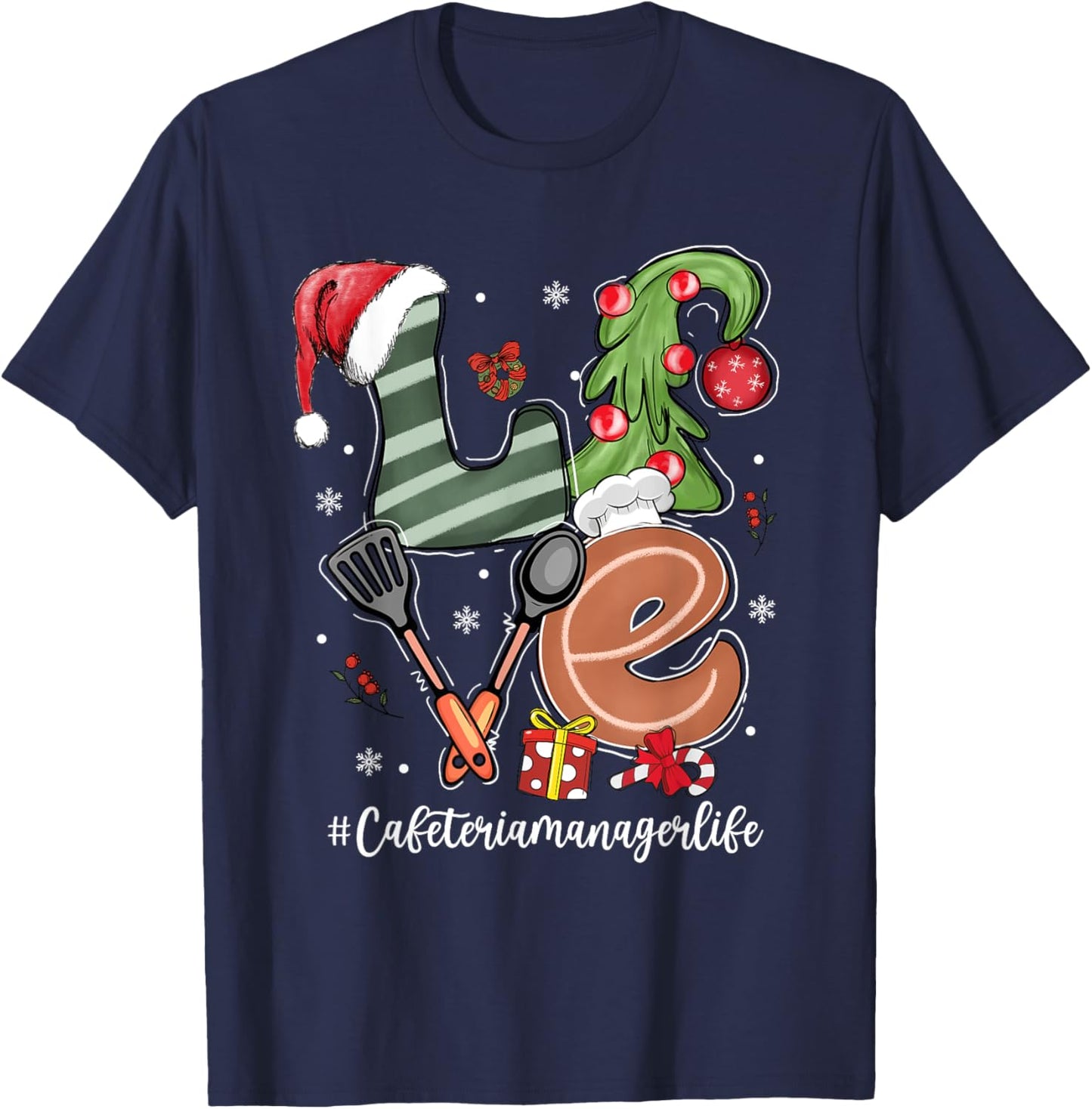 LOVE Spatula Santa Hat Cafeteria Manager Life Christmas T-Shirt - T-Shirt | Navy