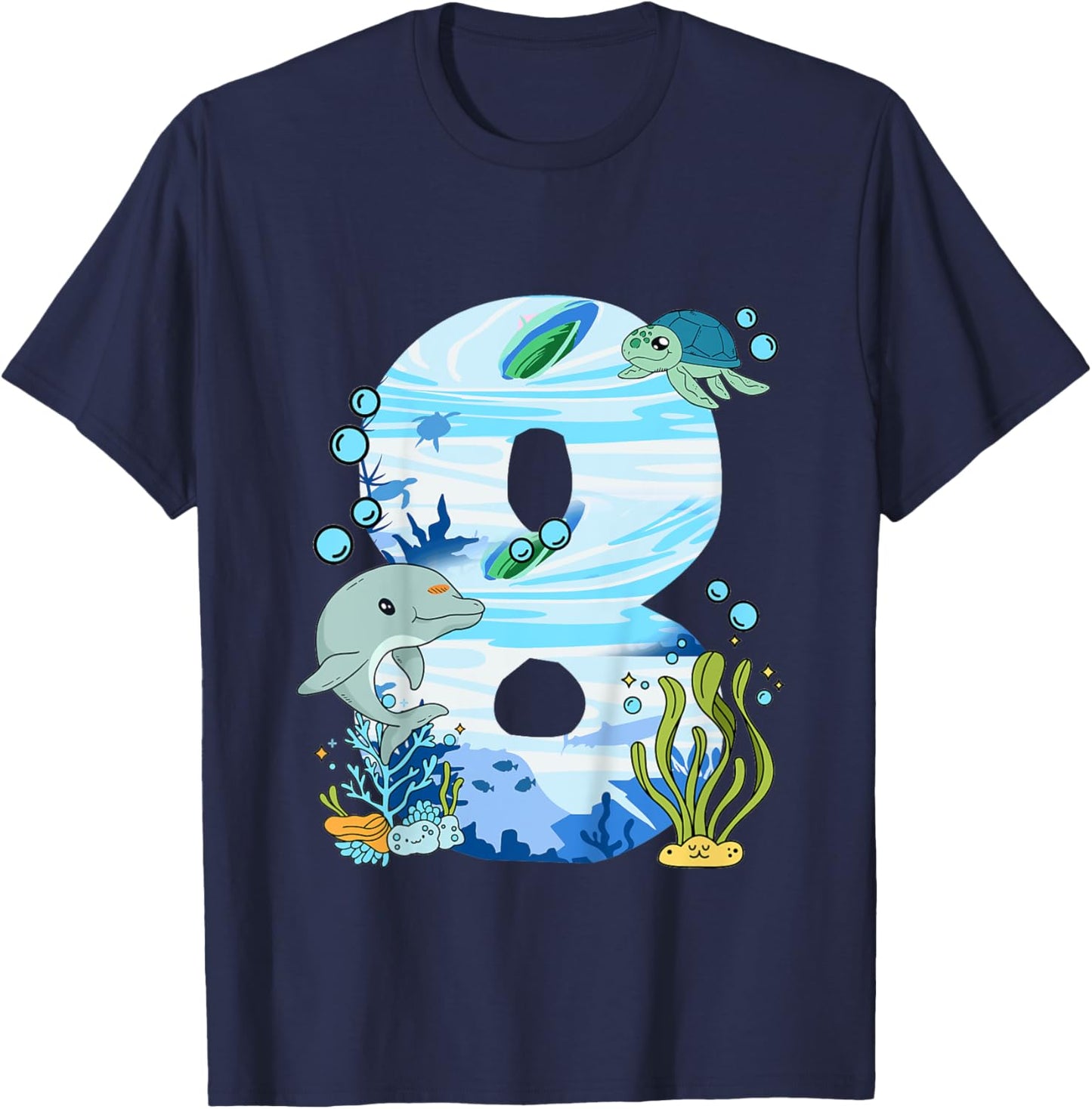 Underwater 8 Years Old - Dolphin And Turtle 8th Birthday T-Shirt - T-Shirt | Navy
