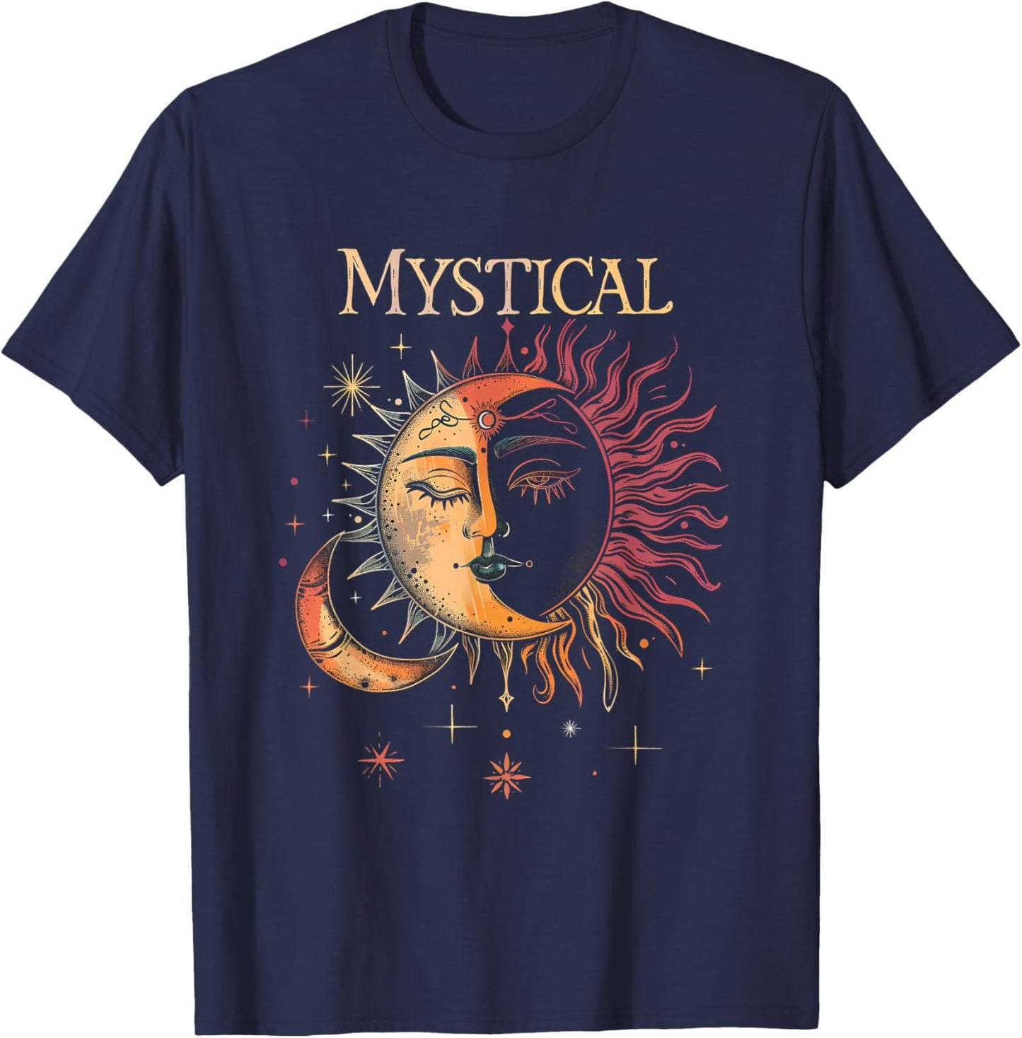 Mystical Sun and Moon Woman Mystic Flowers Aesthetic T-Shirt - T-Shirt | Navy