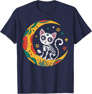 Cat And Moon Skull Dia De Los Muertos Day Of The Dead T-Shirt - T-Shirt | Navy
